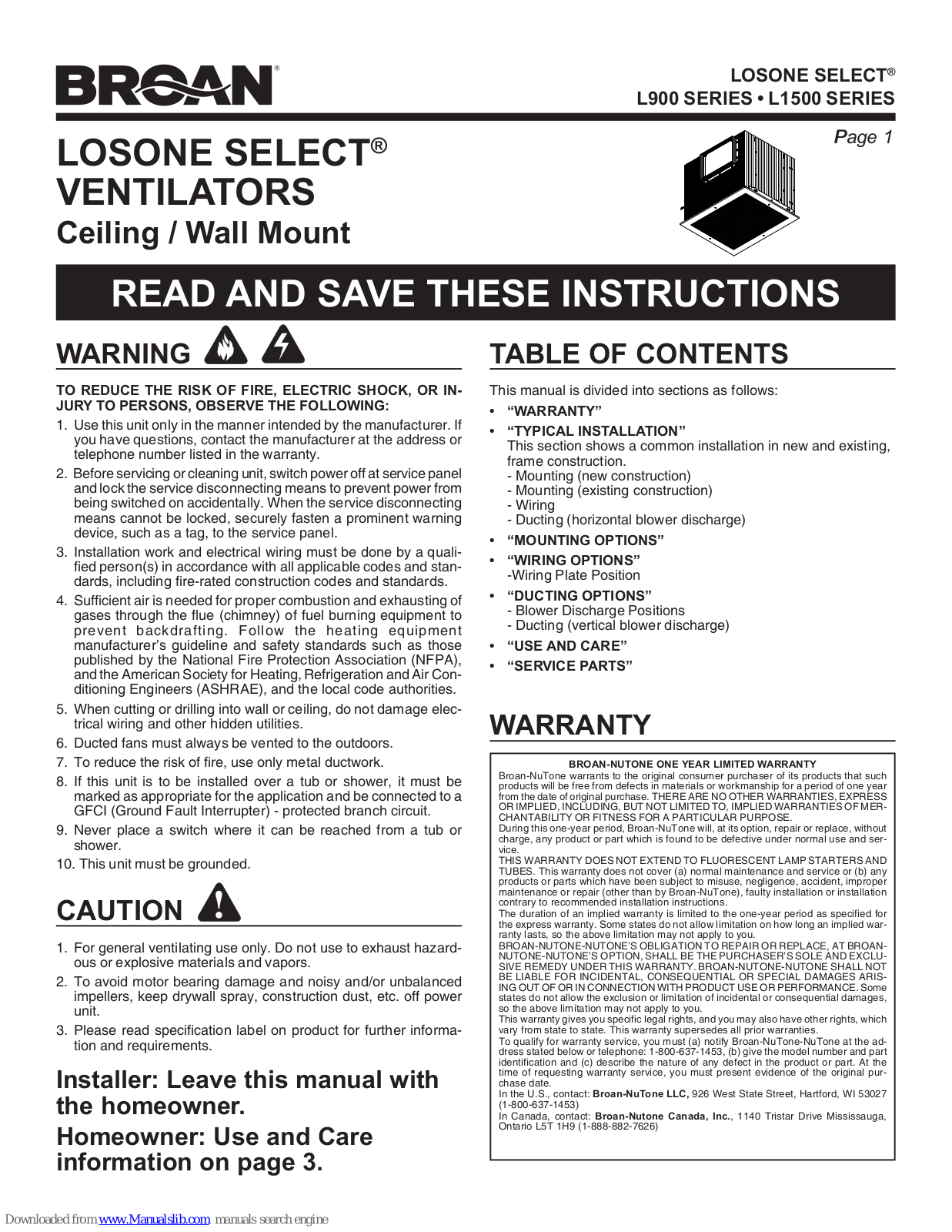 NuTone L1500C, L1500EX, L900C, L900EX Install Manual