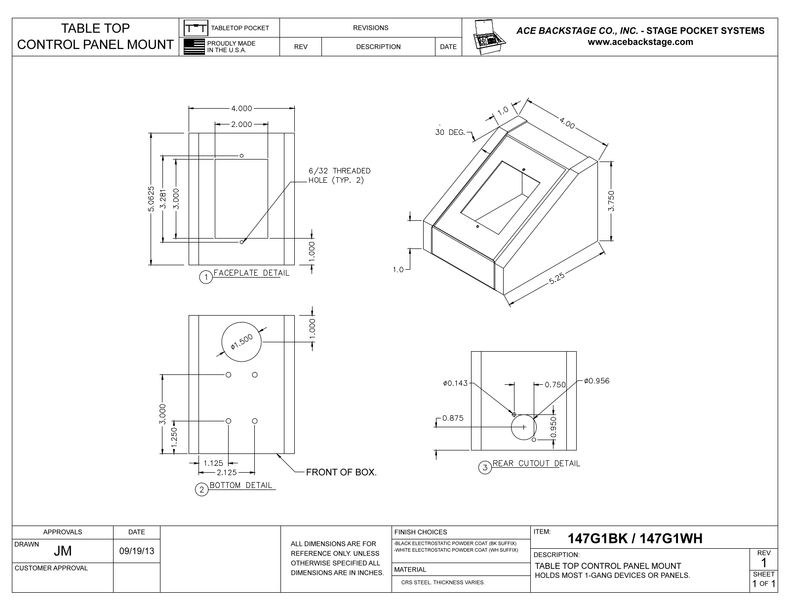 Ace Backstage 147G1-BK Specifications