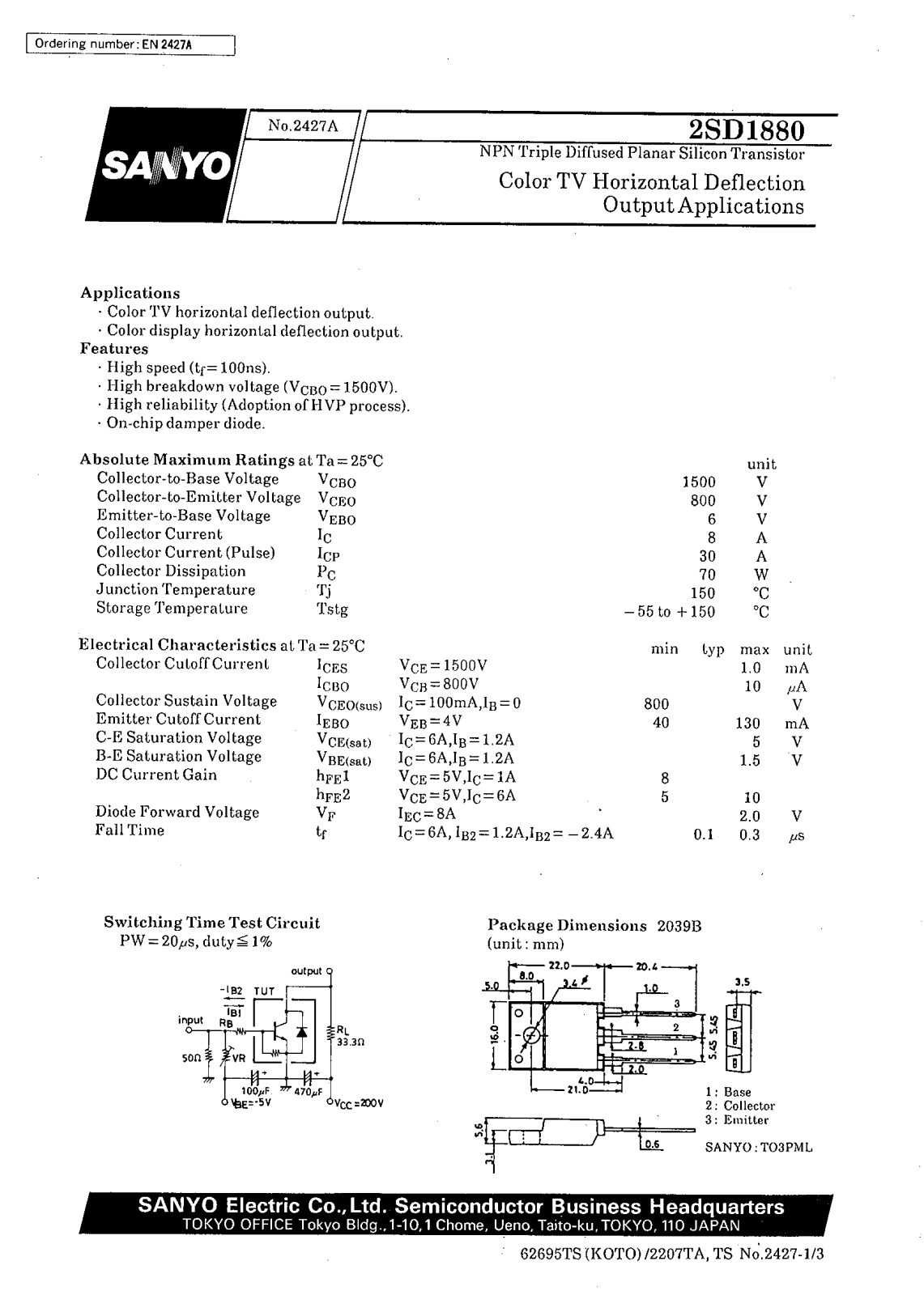 SANYO 2SD1880 Datasheet