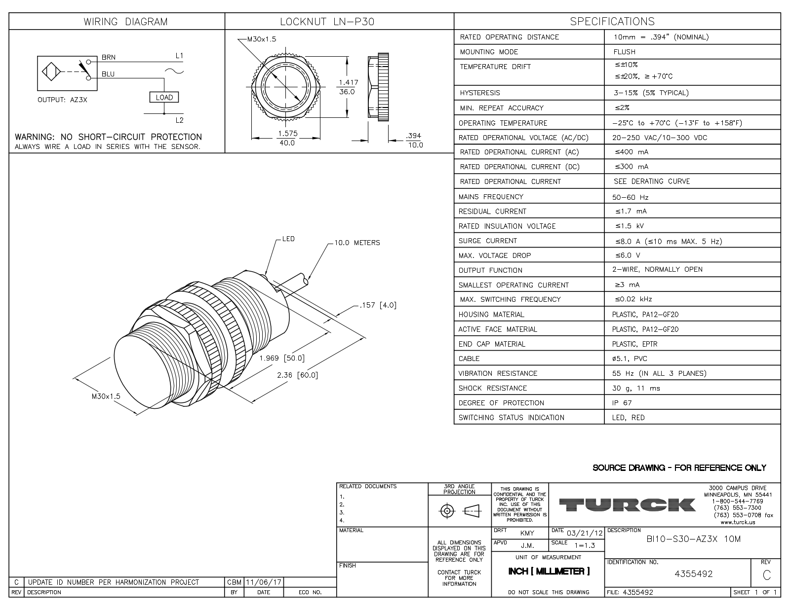 Turck BI10-S30-AZ3X10M Data Sheet