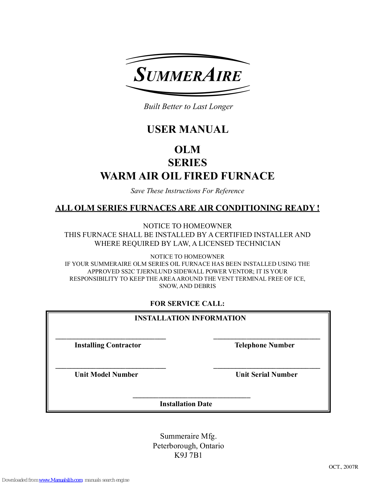 SummerAire OLM SERIES User Manual - ManualMachine.com