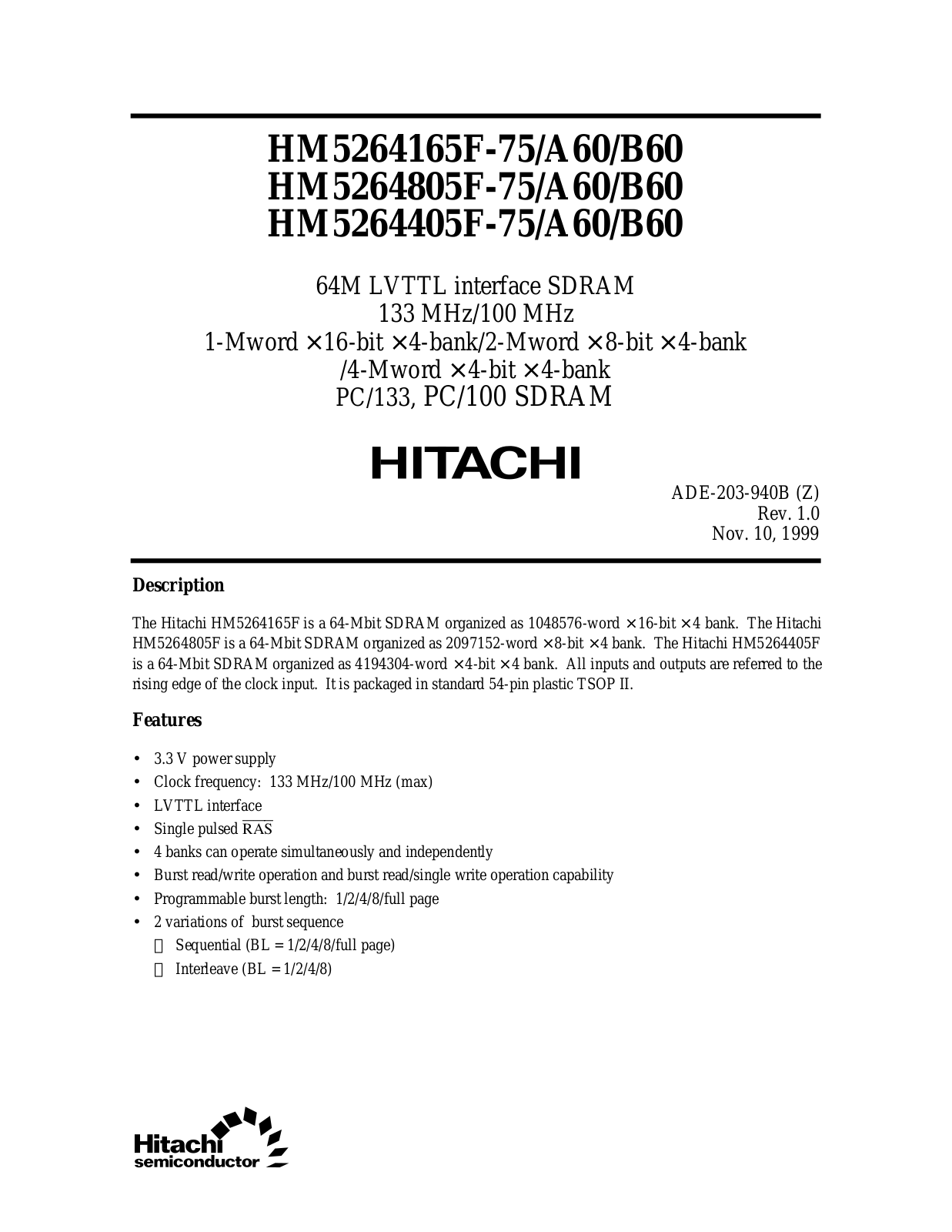 HIT HM5264165FLTT-75, HM5264165FLTT-A60, HM5264165FLTT-B60, HM5264165FTT-75, HM5264165FTT-A60 Datasheet