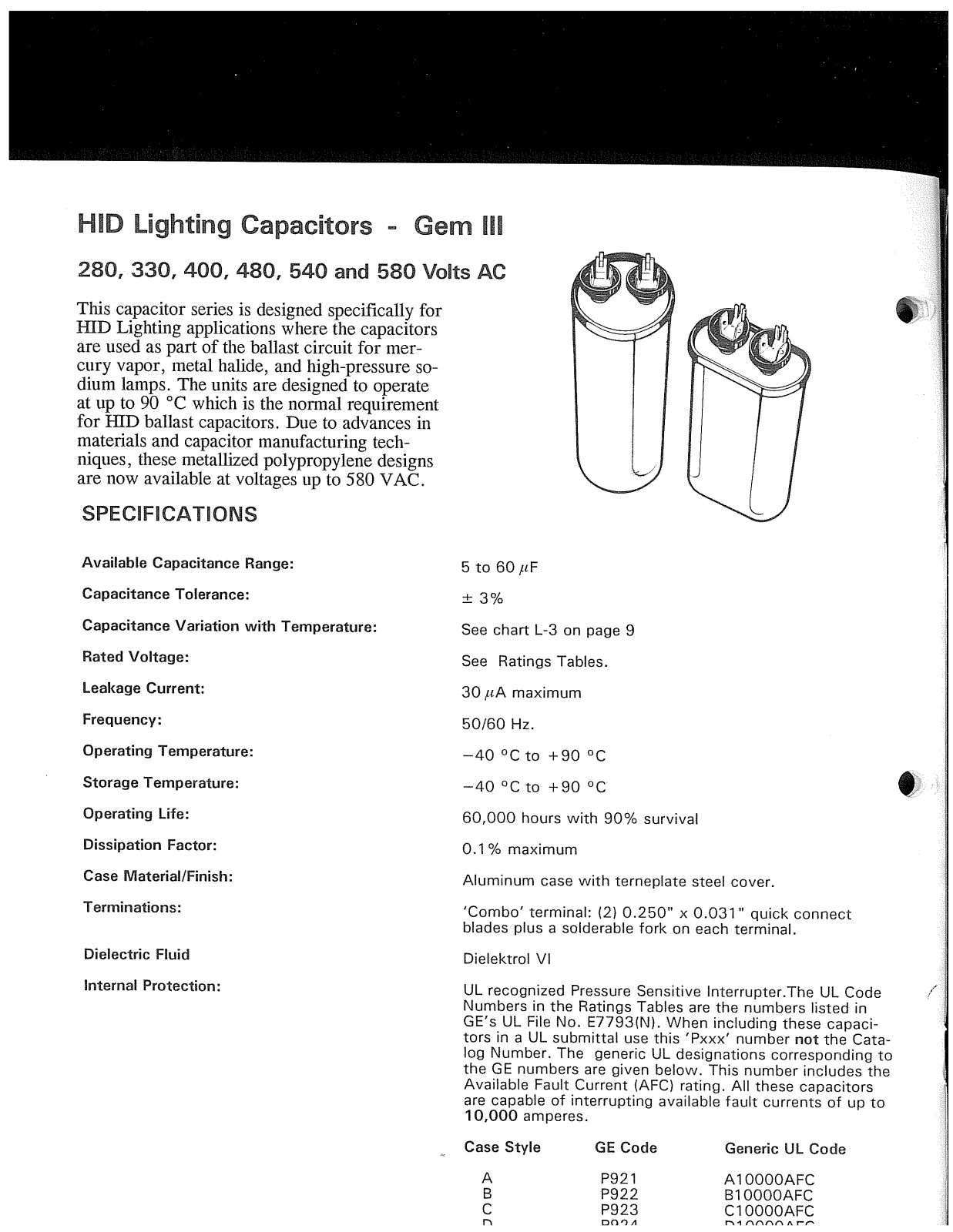 GE Capacitor HID Lighting Capacitors Catalog Page