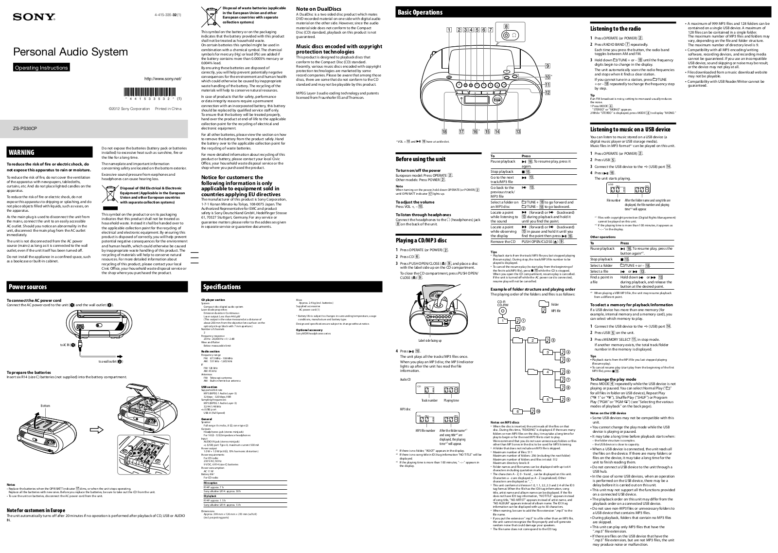 Sony ZS-PS30CP Operating Manual