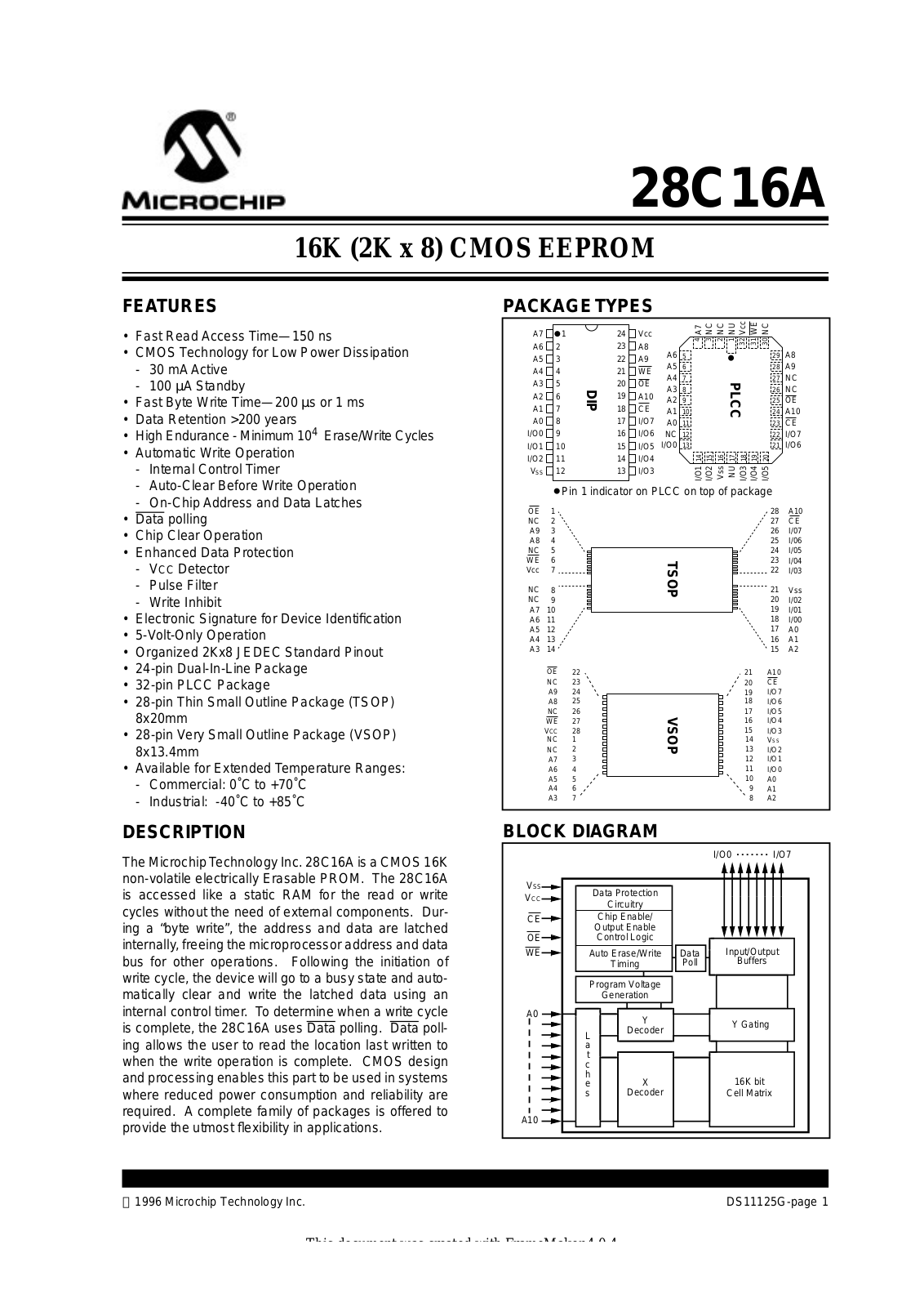 Microchip Technology Inc 28C16AF-20I-TS, 28C16AF-20I-P, 28C16AF-20-VS, 28C16AF-20-TS, 28C16AF-20-P Datasheet