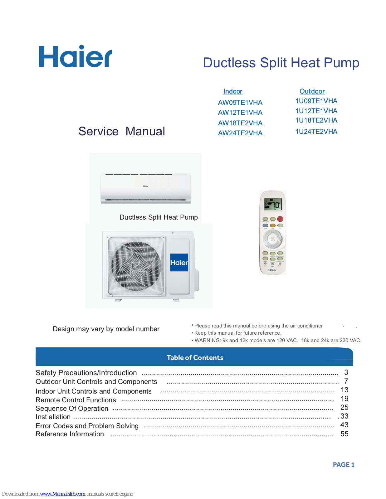 Haier AW09TE1VHA, AW24TE2VHA, 1U09TE1VHA, 1U12TE1VHA, 1U18TE2VHA Service Manual