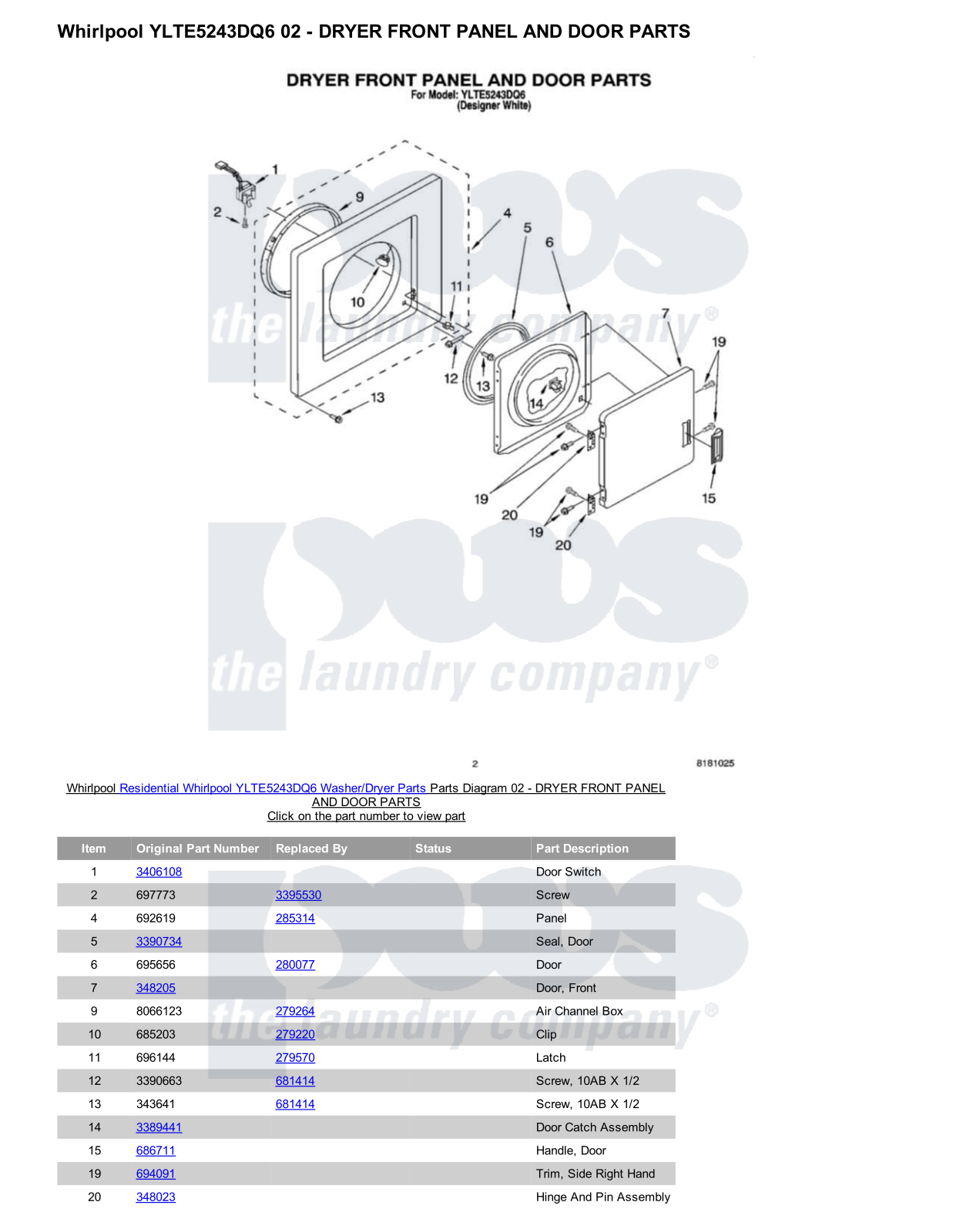 Whirlpool YLTE5243DQ6/Dryer Parts Diagram