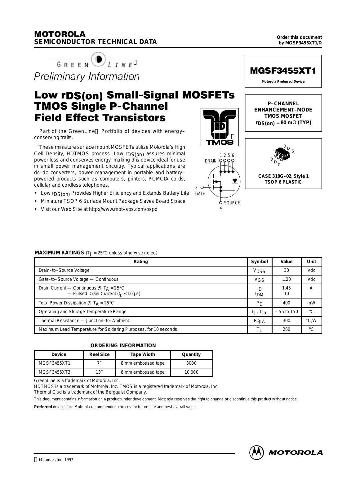 Motorola MGSF3455XT1, MGSF3455XT3 Datasheet