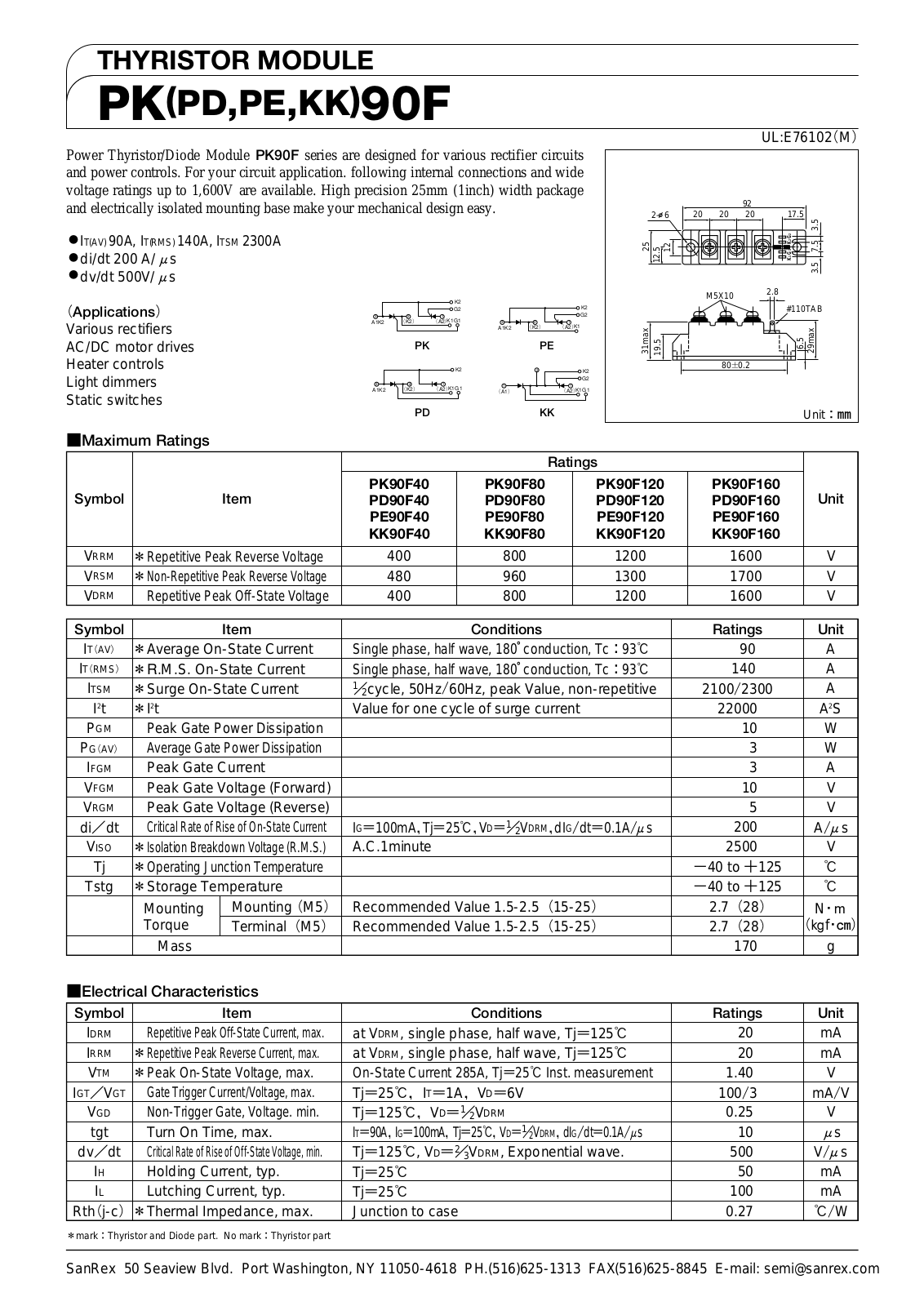 Sanrex-Sansha Electric Manufacturing PK90F, PD90F, PE90F, KK90F Data Sheet