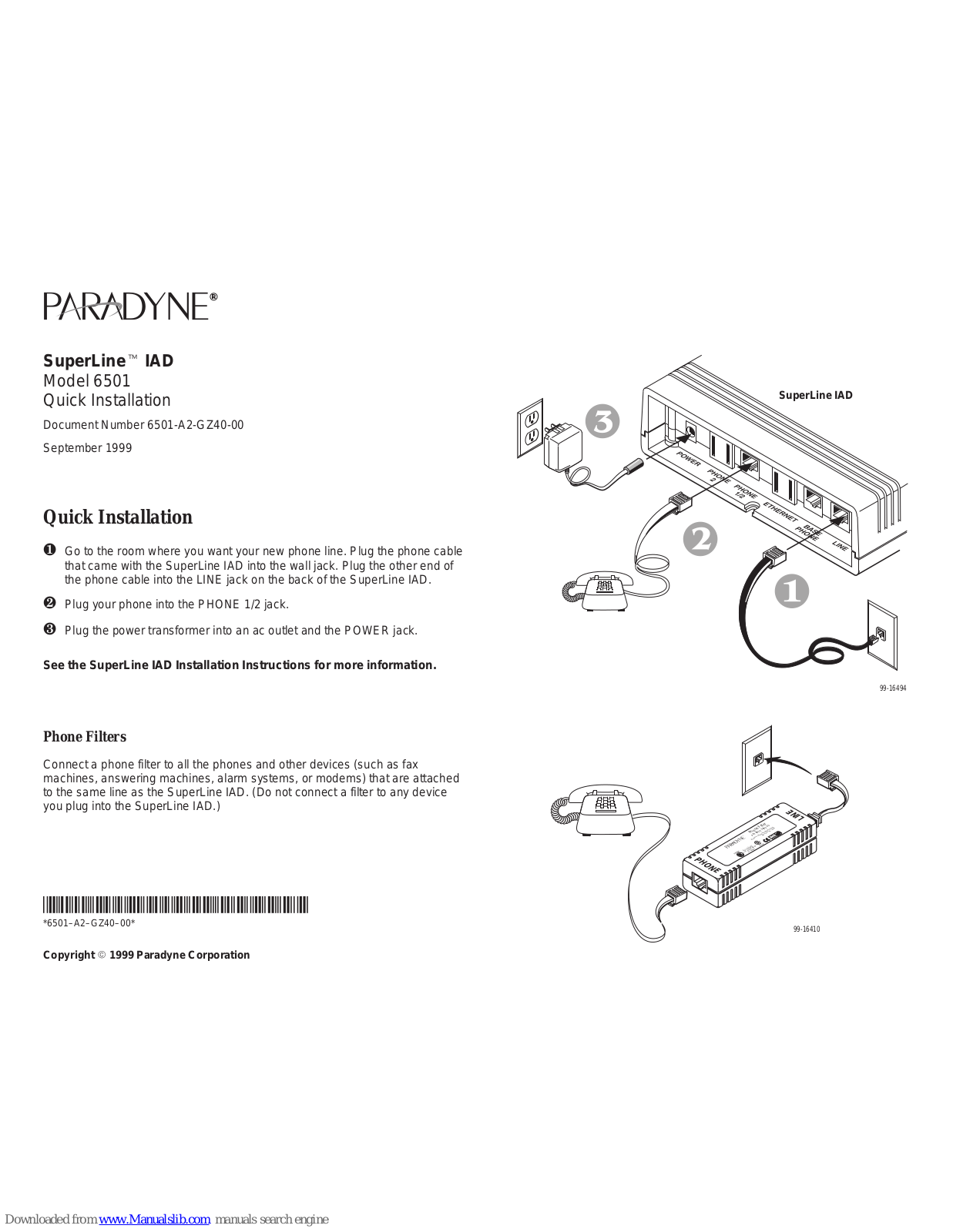 Paradyne 6501, SuperLine IAD 6501 Quick Installation