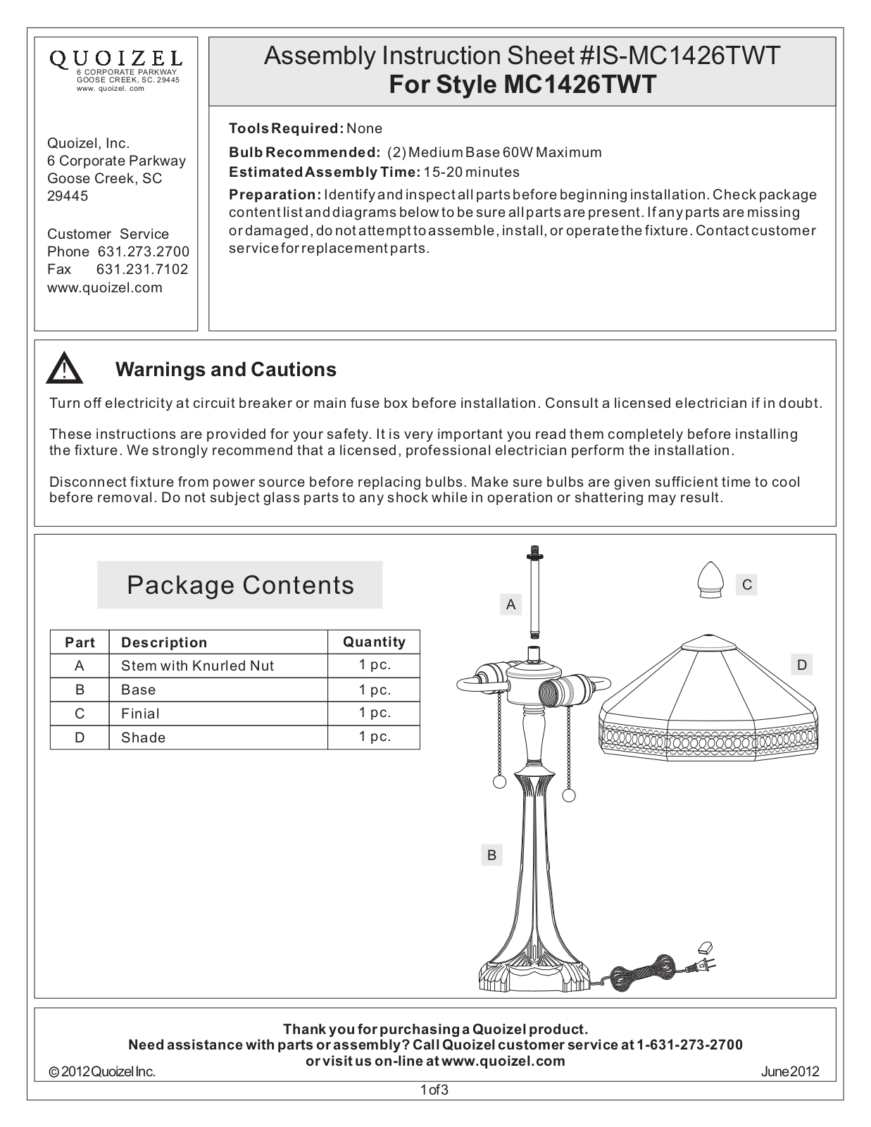 Quoizel MC1426TWT User Manual