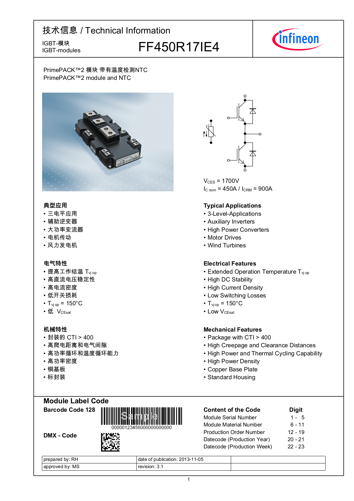 Infineon FF450R17IE4 Data Sheet