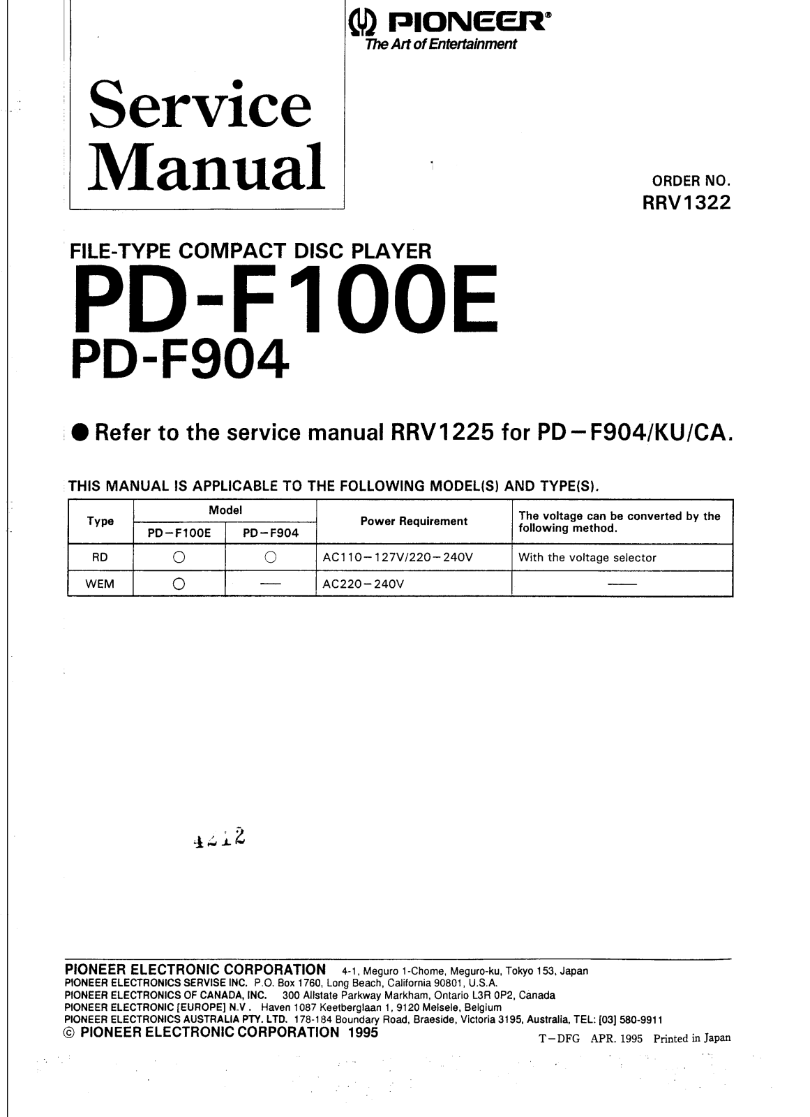 PIONEER PD100E904 Service Manual