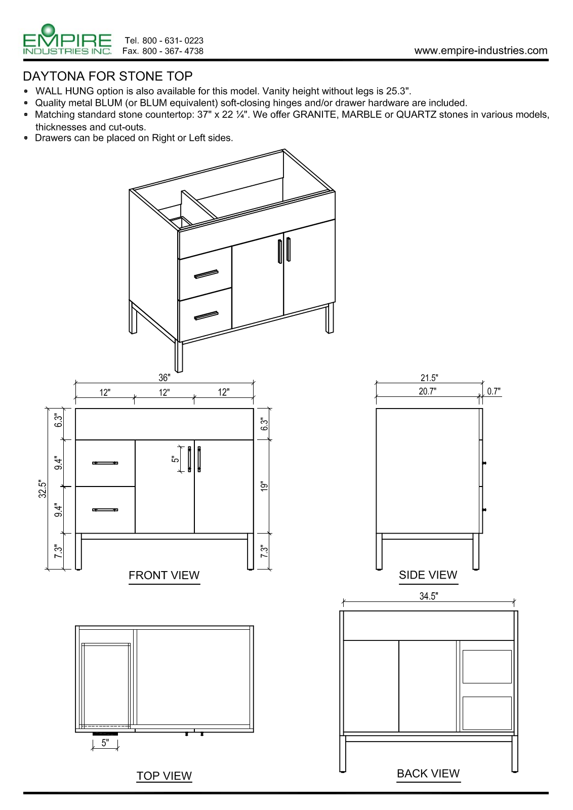 Empire Industries WDS3622BNPL, DS3622BGPR Specs