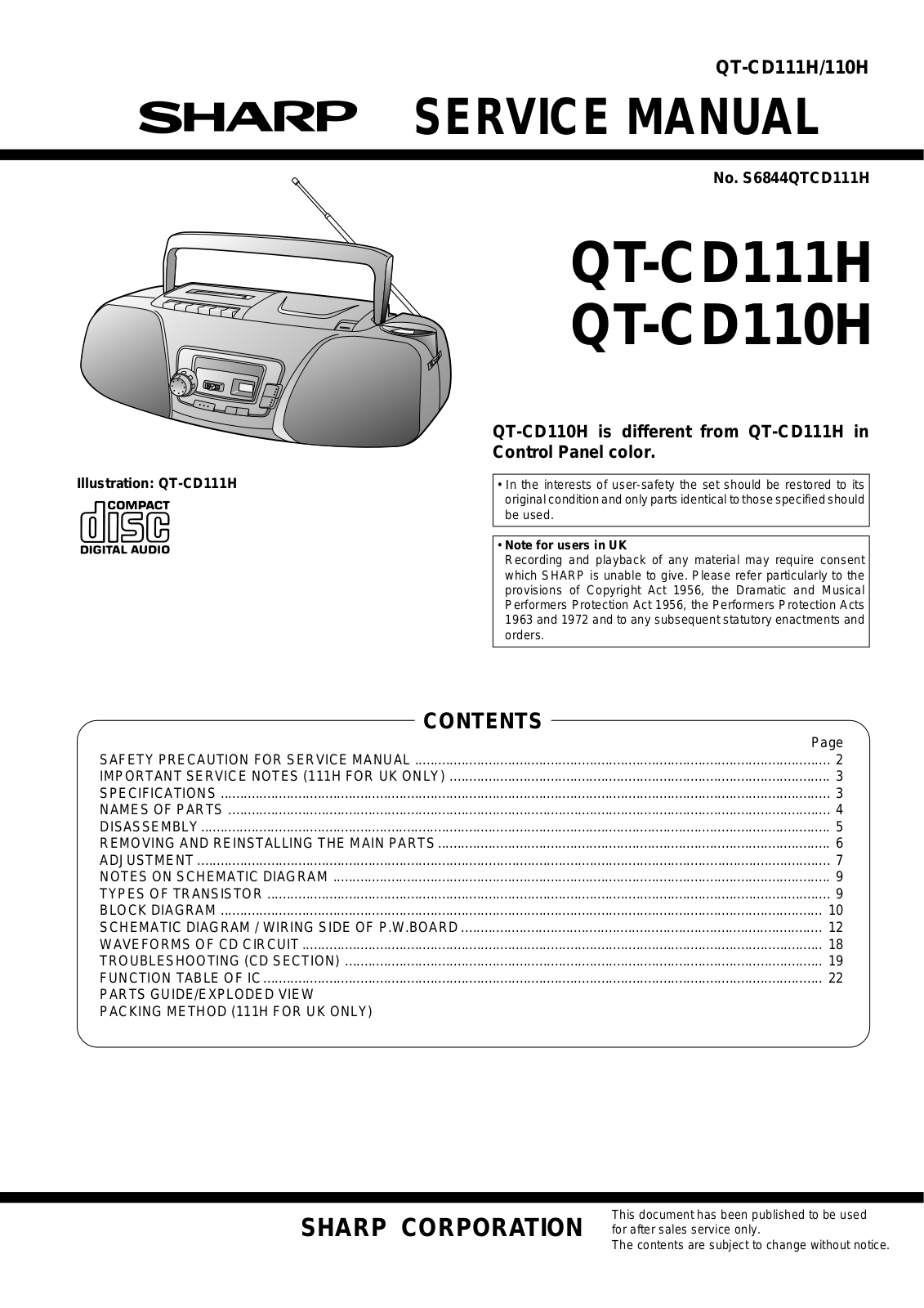 Sharp QTCD-110-H, QTCD-111-H Service manual