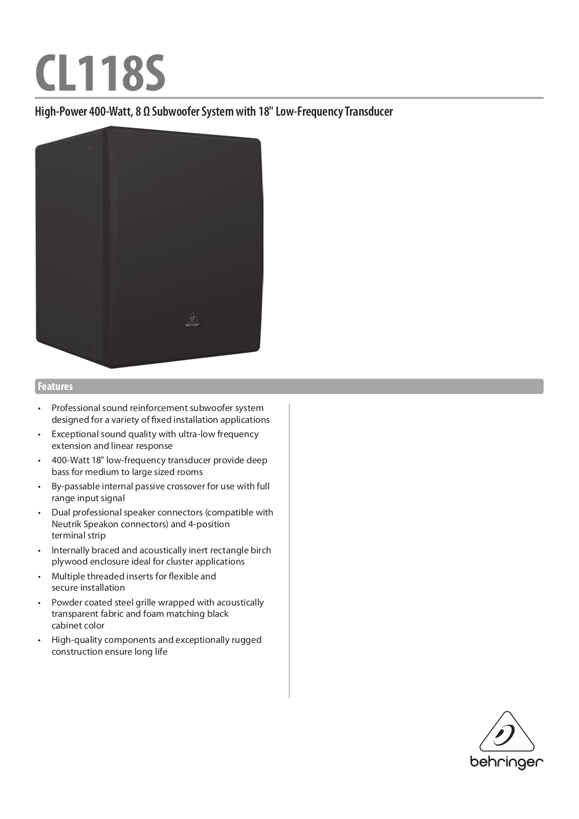 Behringer CL118S Specification Sheet