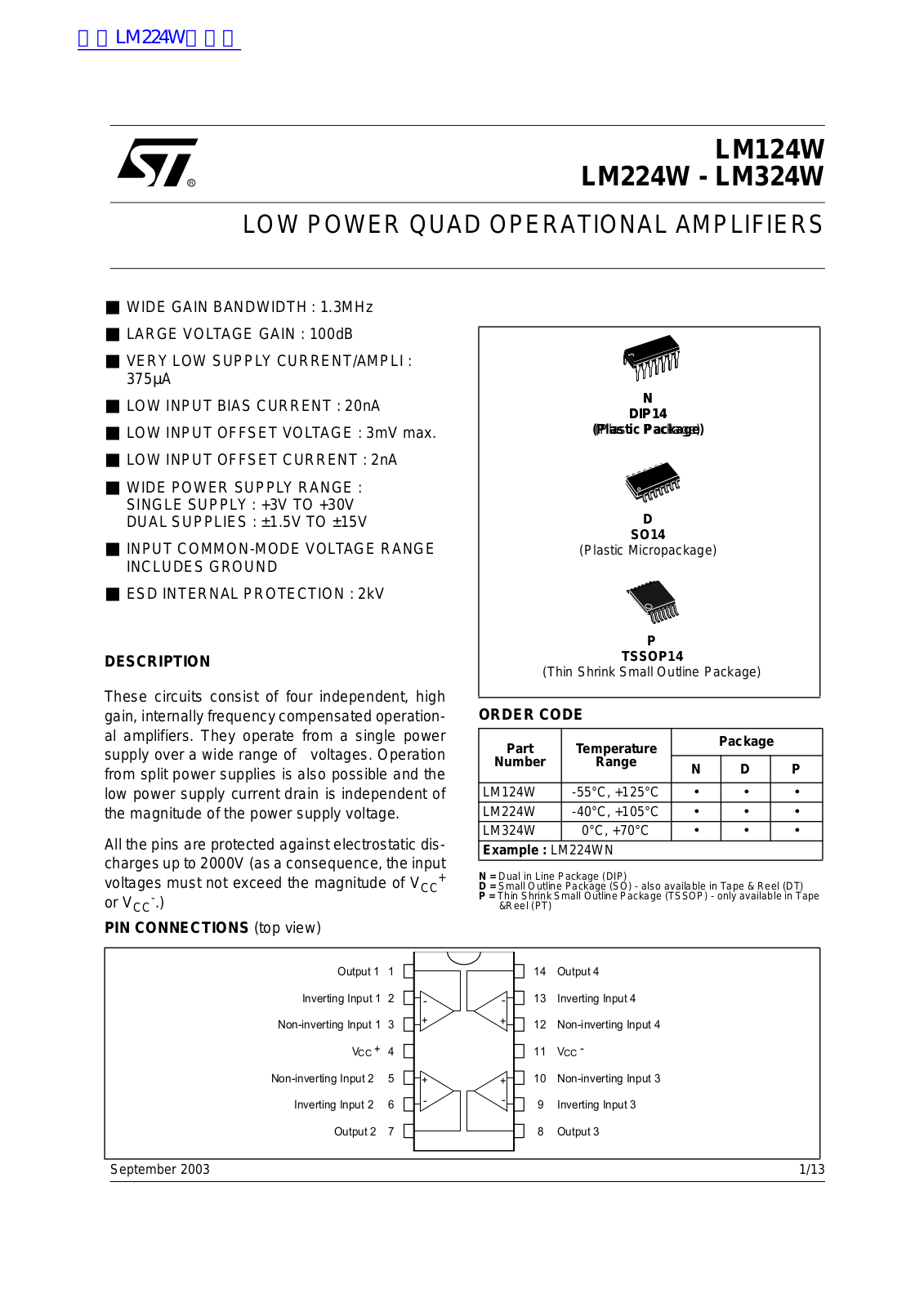 ST LM124W, LM224W, LM324W Operation Manual