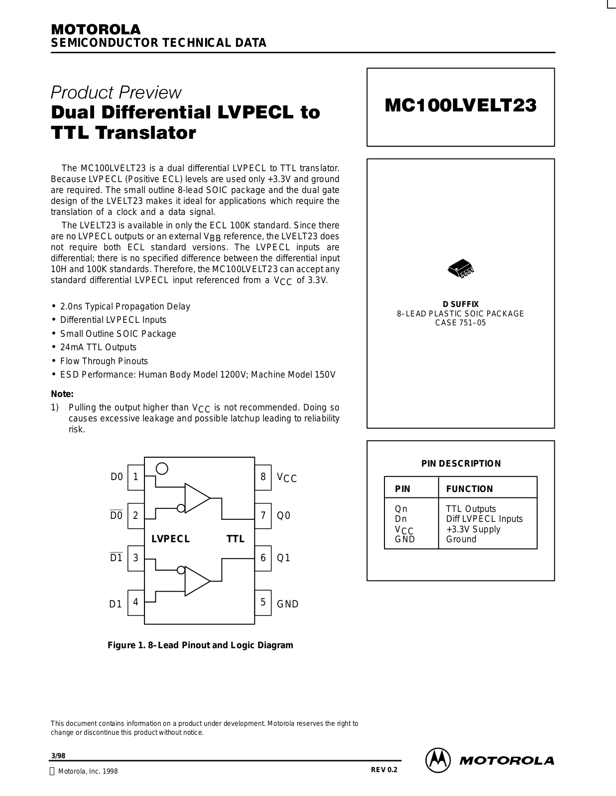 Motorola MC100LVELT23 Datasheet