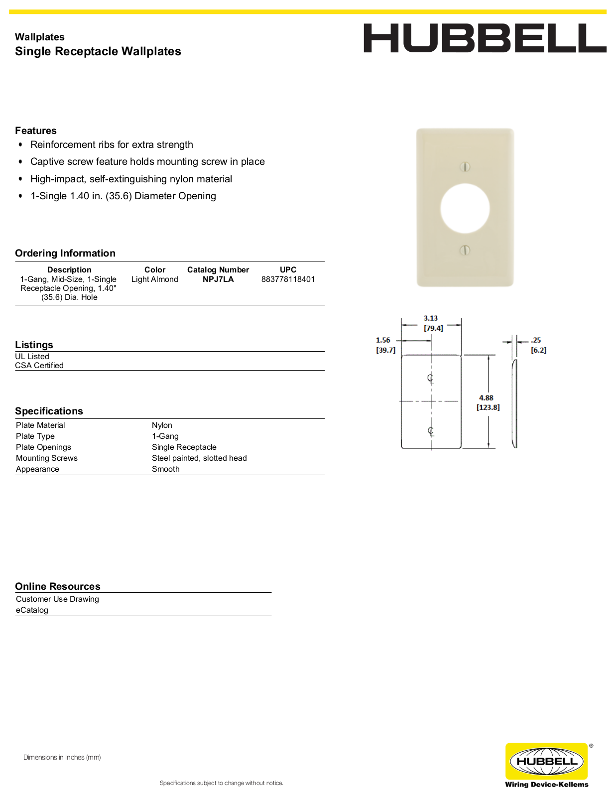 Hubbell NPJ7LA Specifications