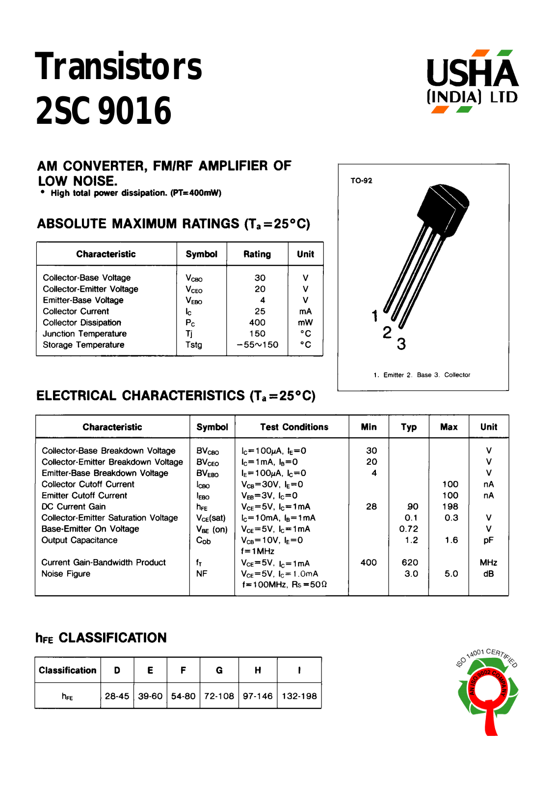 USHA 2SC9016 Datasheet