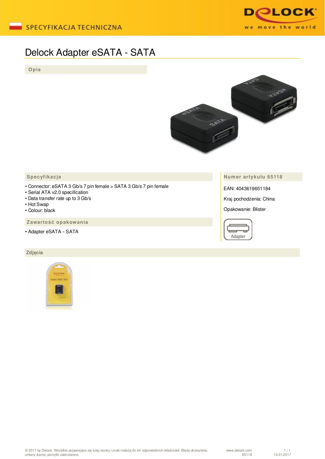 DeLOCK adapter eSATA - SATA User Manual