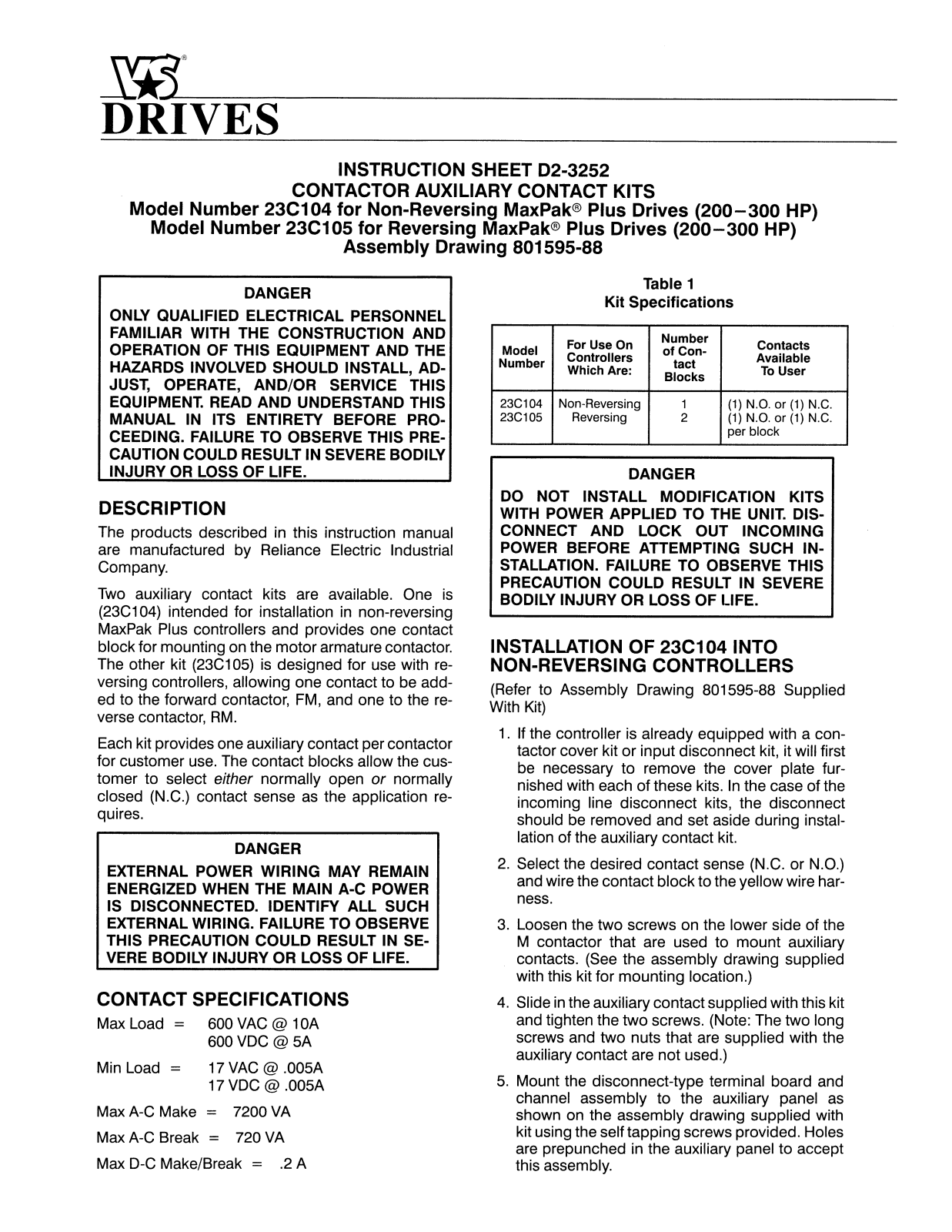 Rockwell Automation MaxPak Plus Contactor Auxiliary Contact User Manual