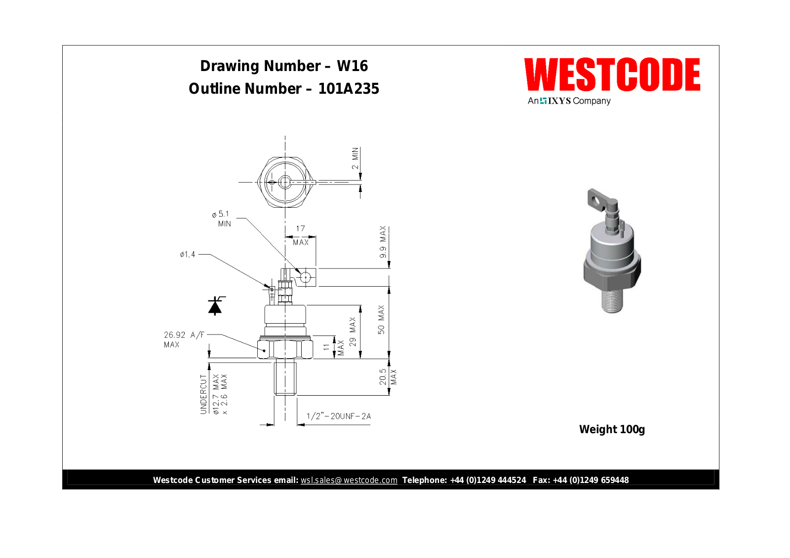 Westcode Semiconductors W16 101A235 Dimensional Sheet