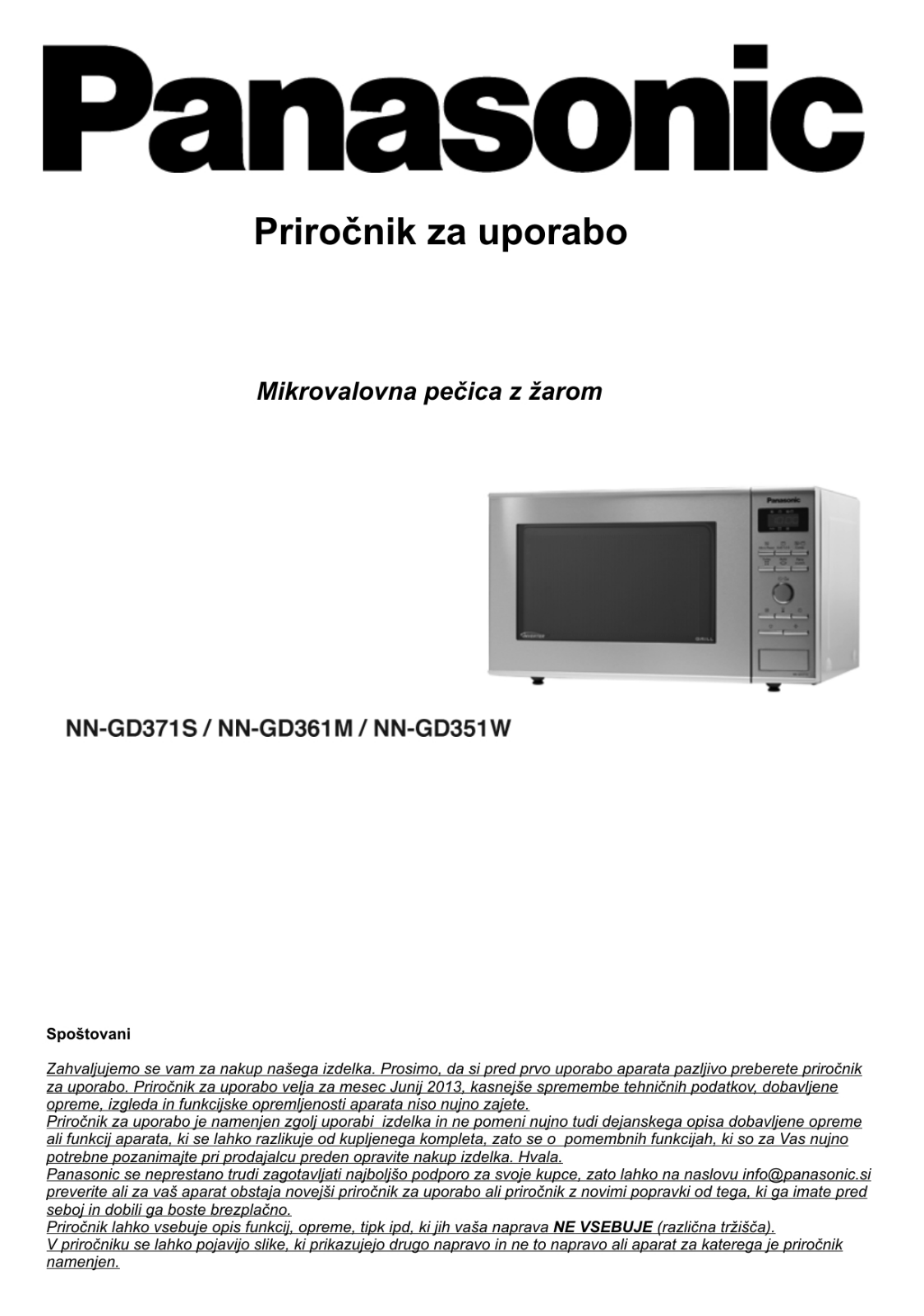 Panasonic NN-GD361M, NN-GD351W, NN-GD371S User Manual