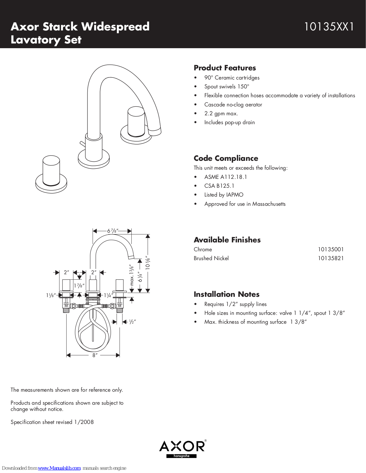 Axor 10135821, 10135001, 10135001,10135821 Specification Sheet - ManualMachine.com