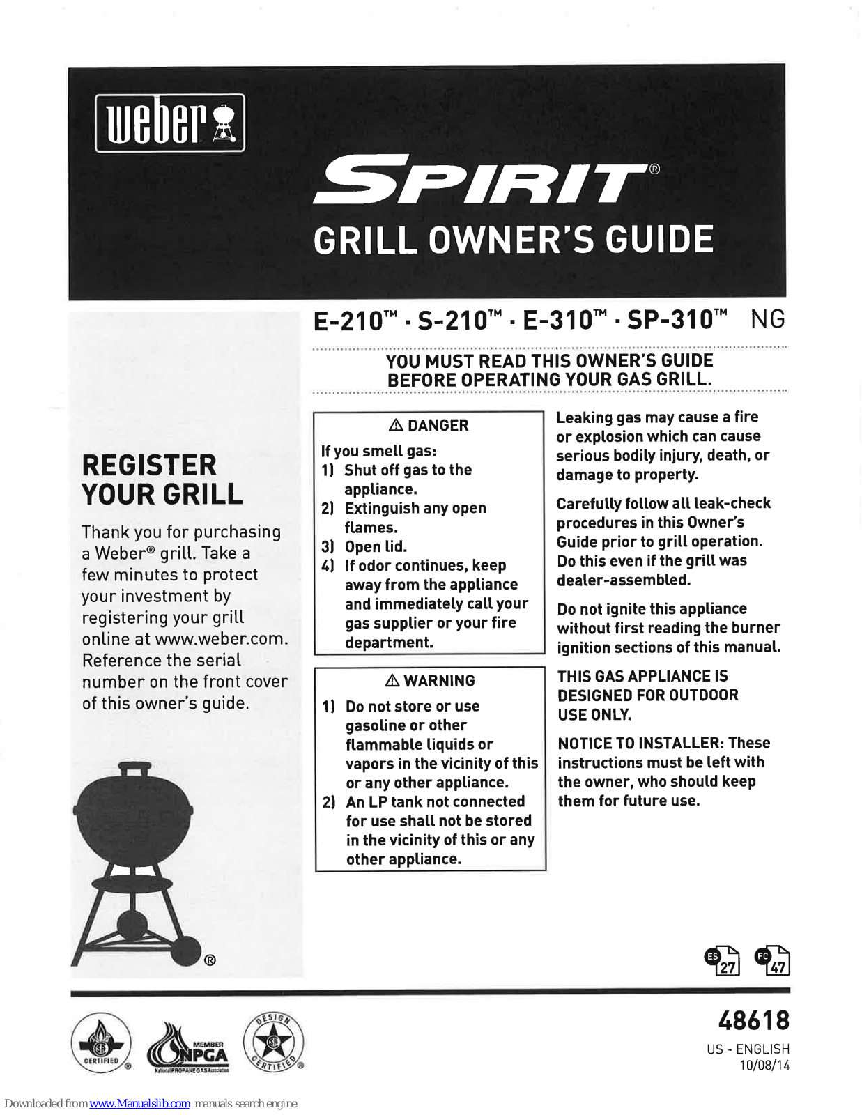 Weber E-210 NG, S-210 NG, SP-310 NG, E-310 NG Owner's Manual