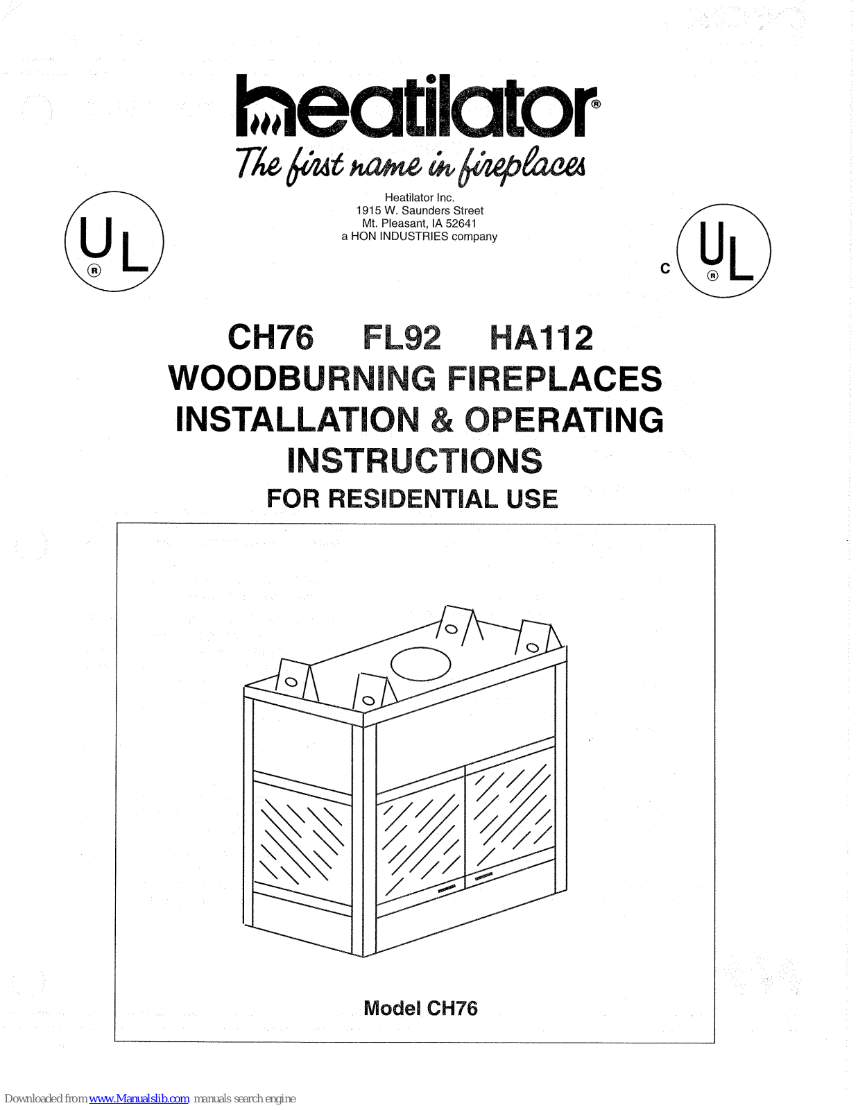 Heatiator СН76, HA112, FL92 Installation & Operation Manual