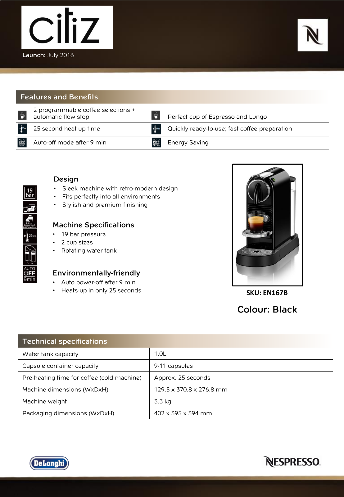 Delonghi EN167B Specifications Sheet