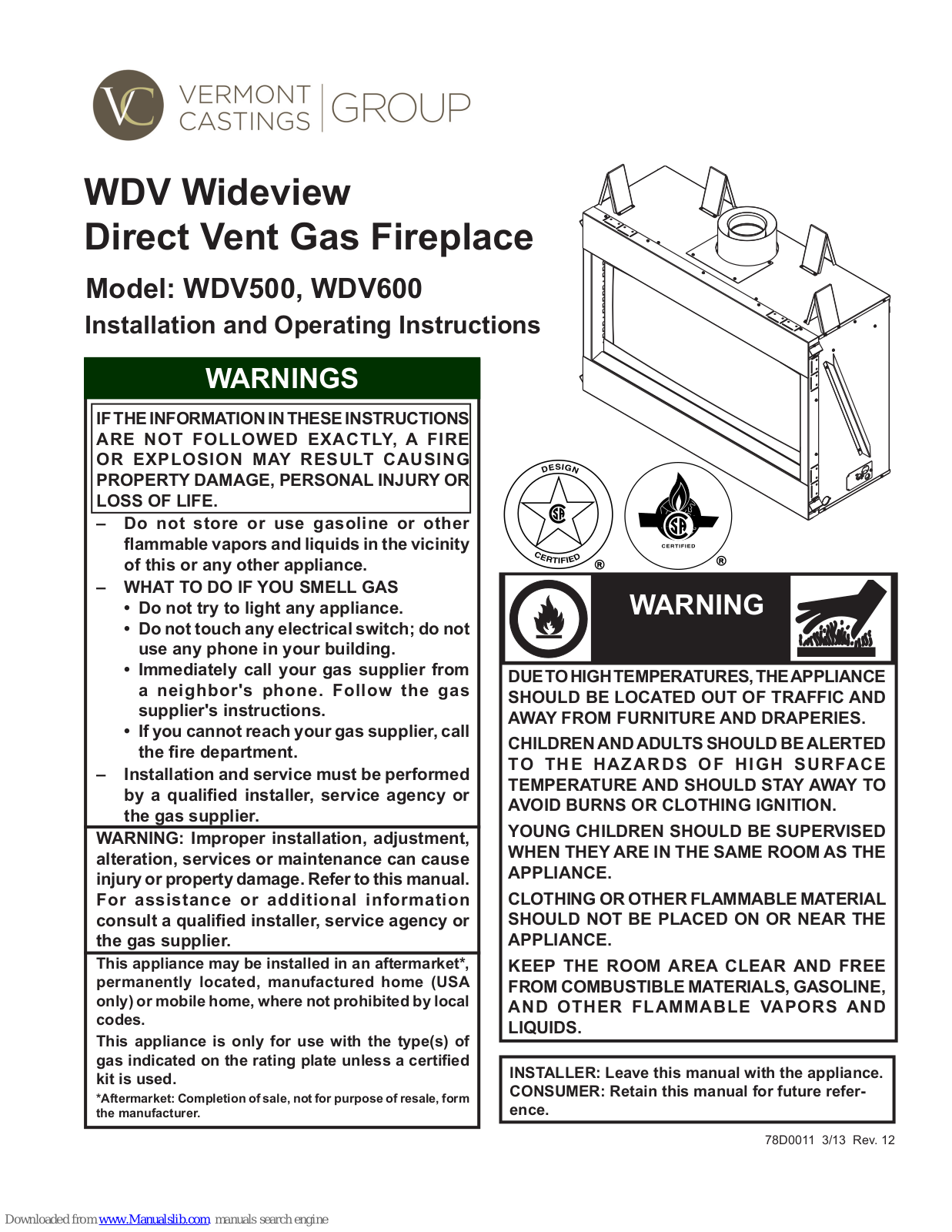 Vermont Castings WDV500NTSC, WDV500PTSC, WDV600PTSC, WDV600NTSC Installation And Operating Instructions Manual