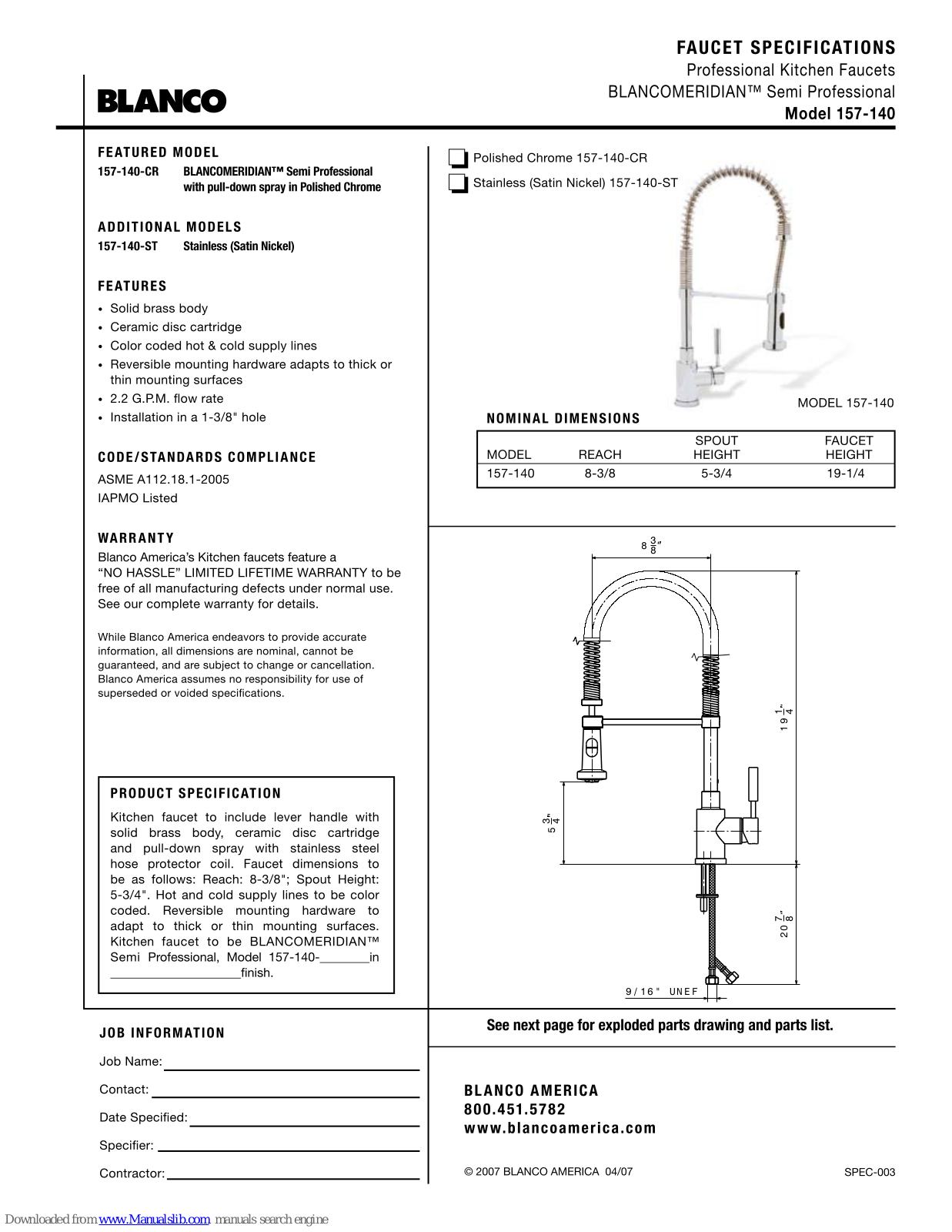 Blanco 157-140-CR, 157-140-ST Specification Sheet - ManualMachine.com
