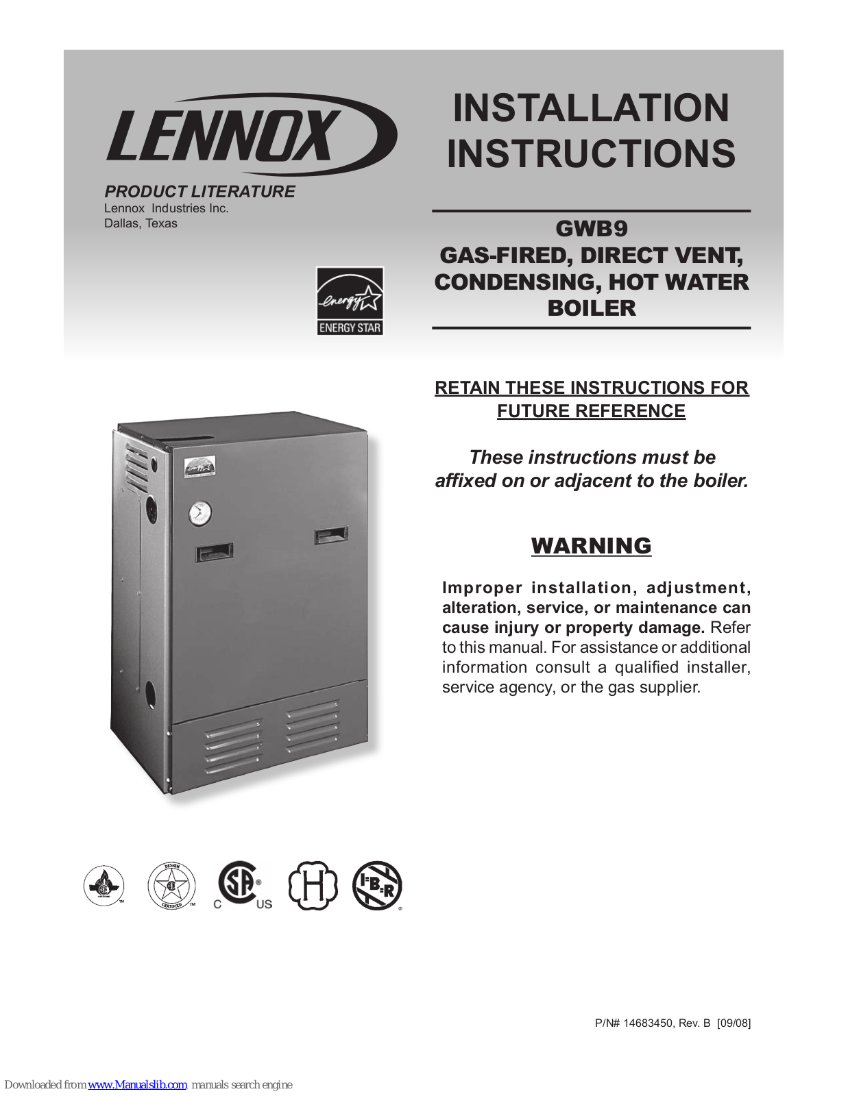 Lennox GWB9, UB90-50, UB90-75, UB90-100 Installation Instructions Manual