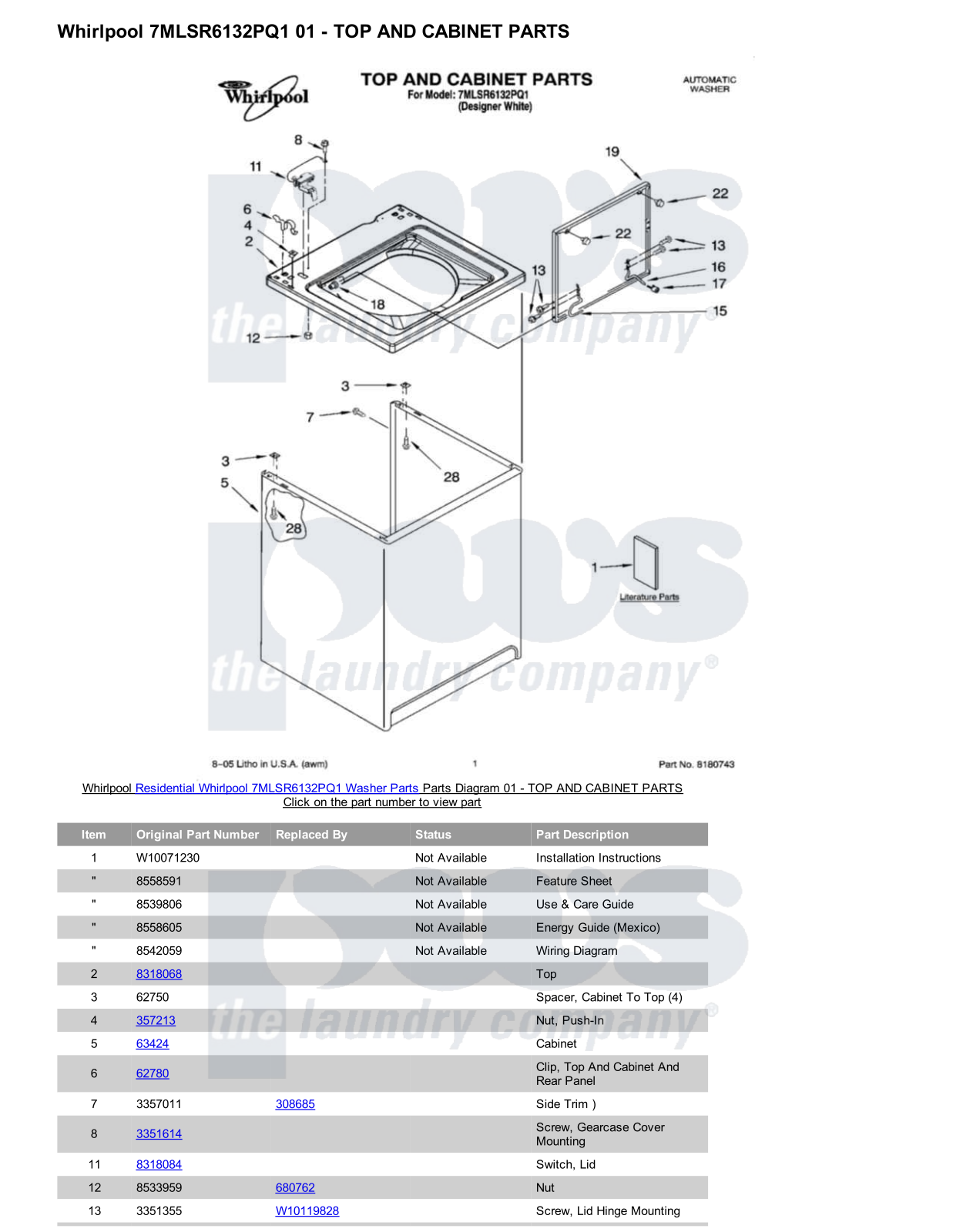 Whirlpool 7MLSR6132PQ1 Parts Diagram