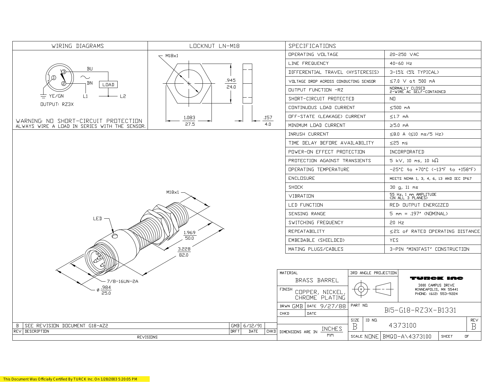 Turck BI5-G18-RZ3X-B1331/50MM Data Sheet