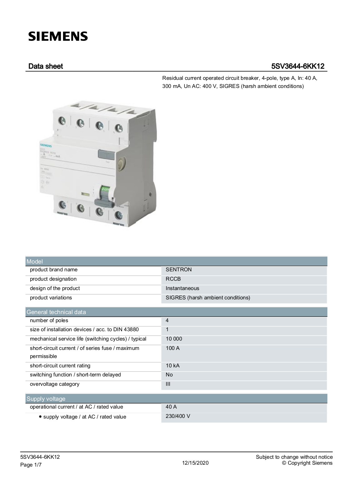 Siemens 5SV3644-6KK12 data sheet