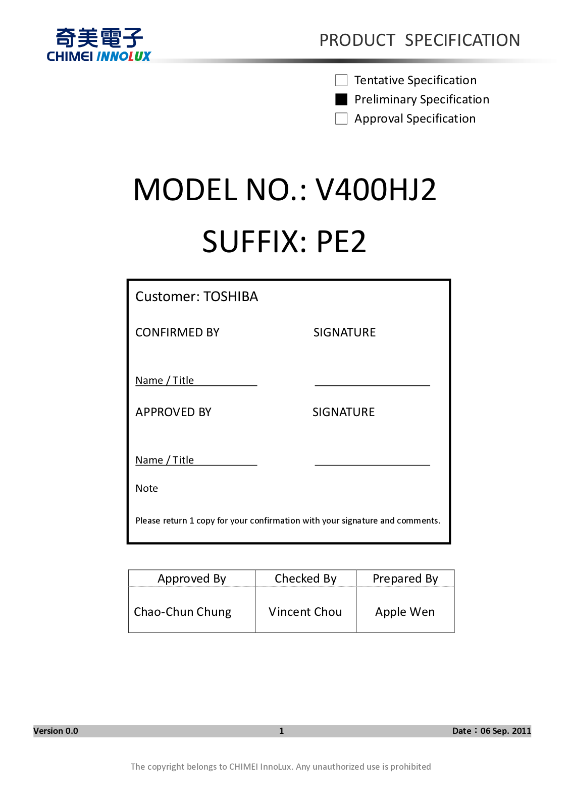 CHIMEI INNOLUX V400HJ2-PE2 Specification