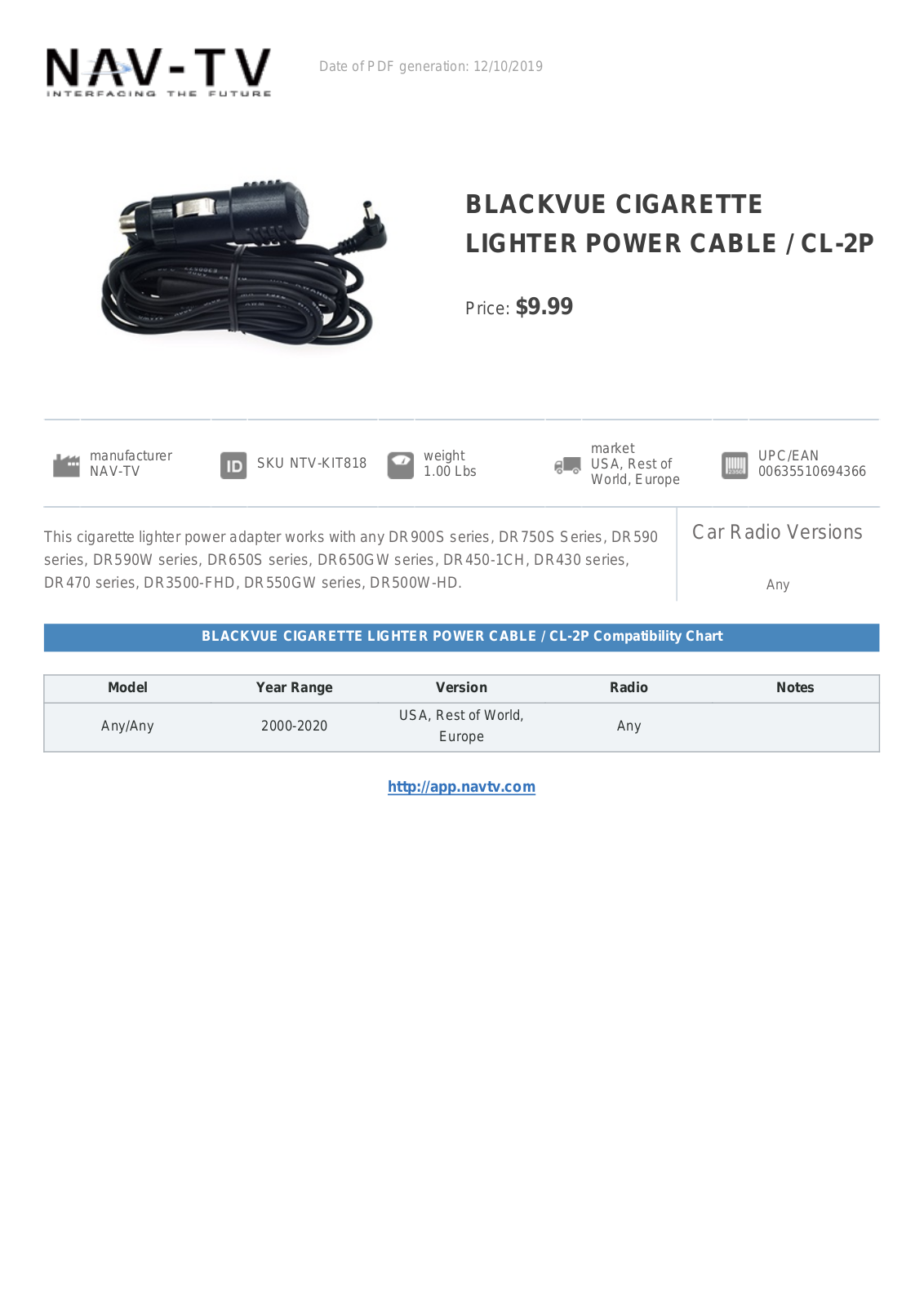 NAV-TV CL-2P Product Sheet