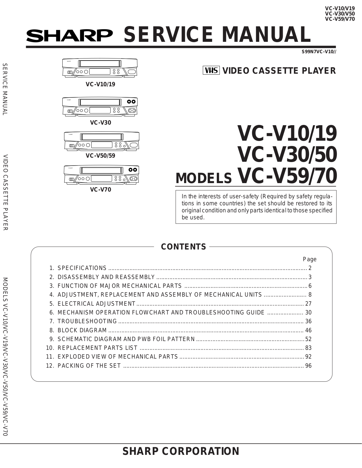 SHARP VC-V10/19, VC-V30/50, VC-V59/70 Service Manual