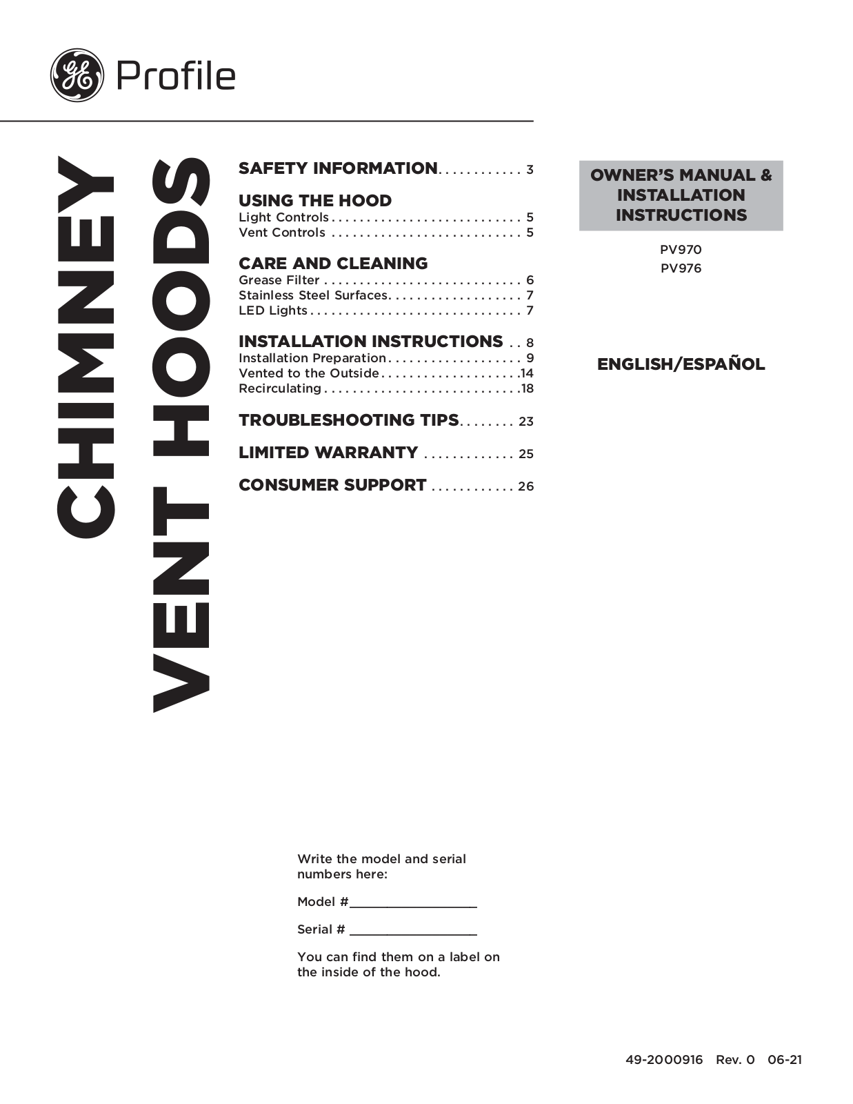 GE PV970, PV976 Owner’s Manual & Installation Instructions