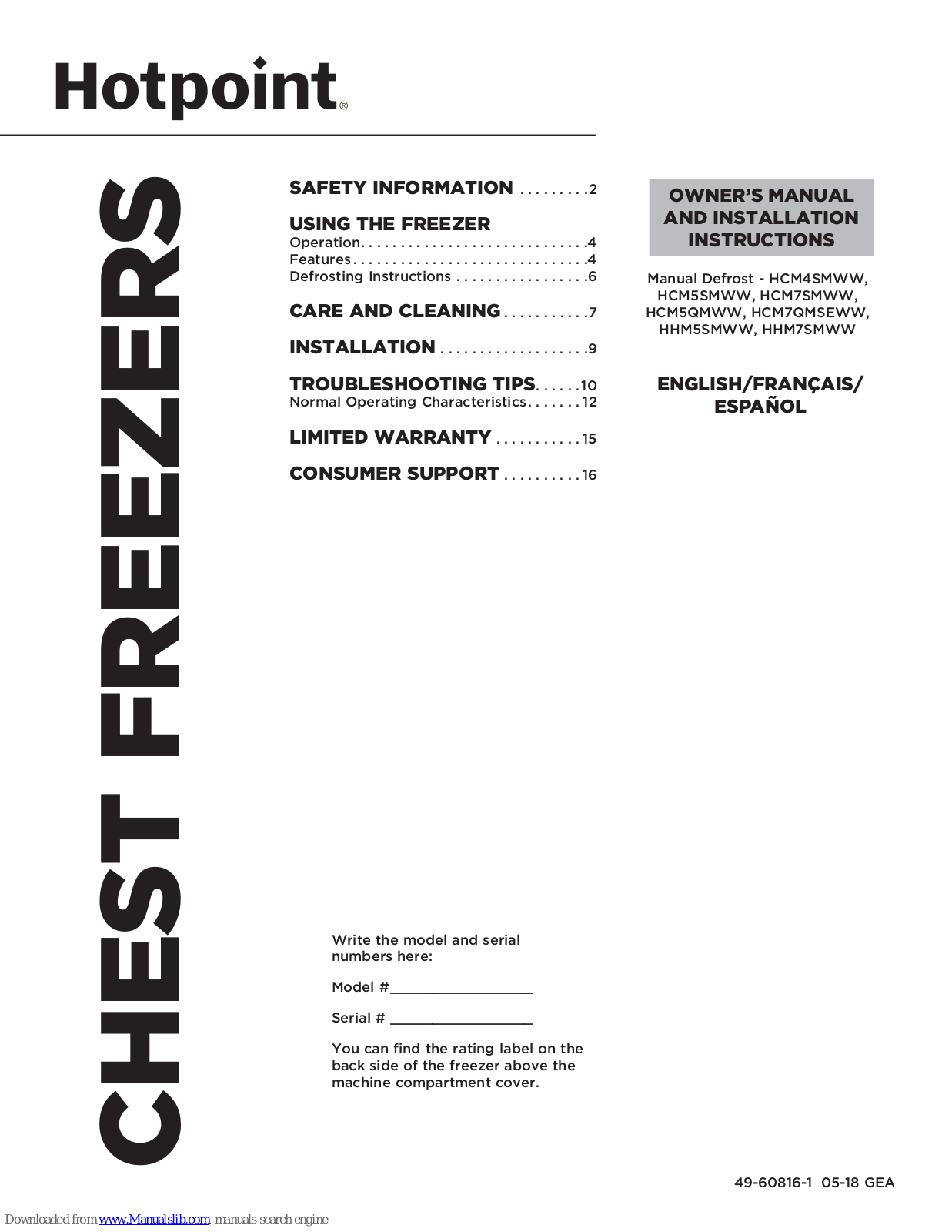 Hotpoint HCM5SMWW, HCM7SMWW, HCM5QMWW, HCM7QMSEWW, HHM5SMWW Owner's Manual And Installation Instructions