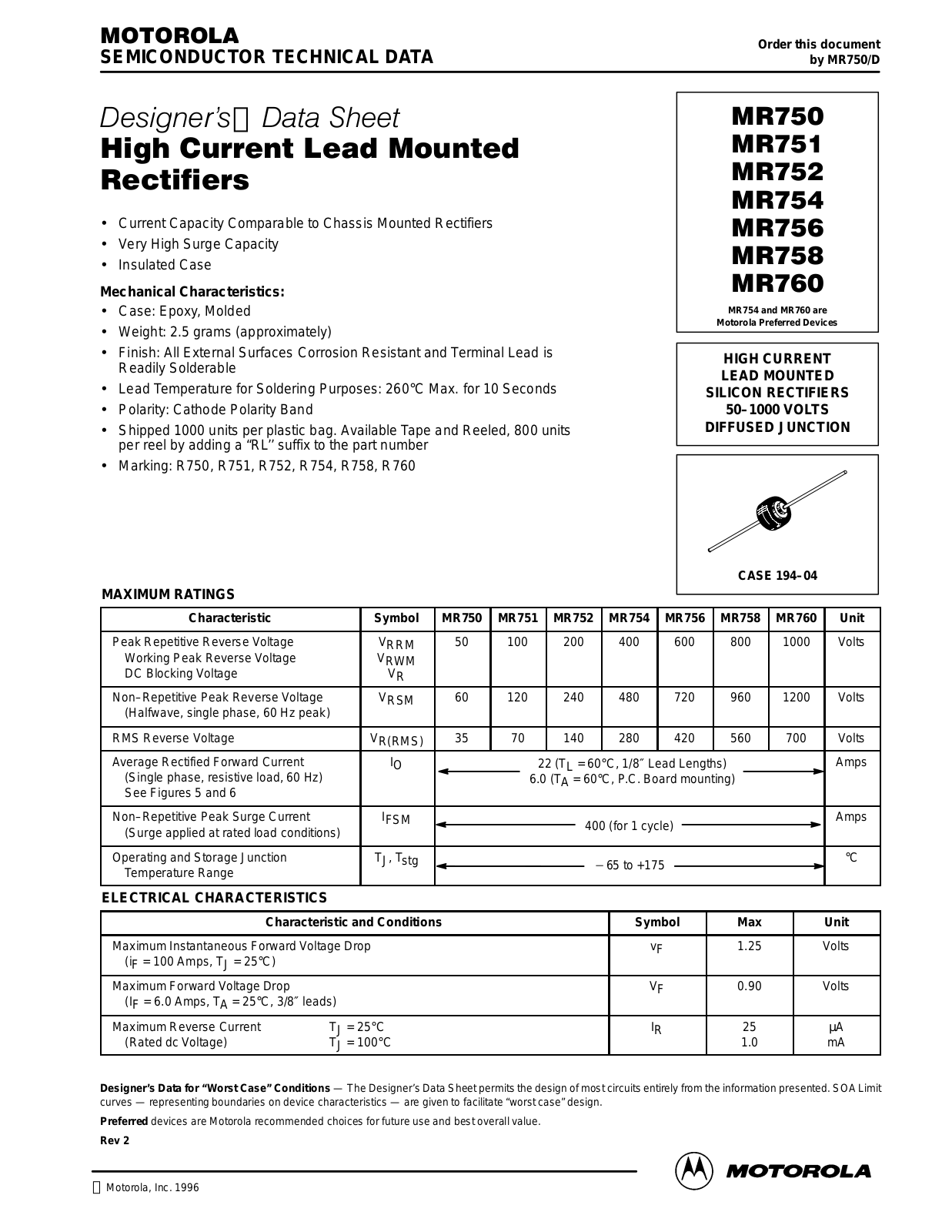 Motorola MR758, MR760, MR756, MR752, MR751 Datasheet