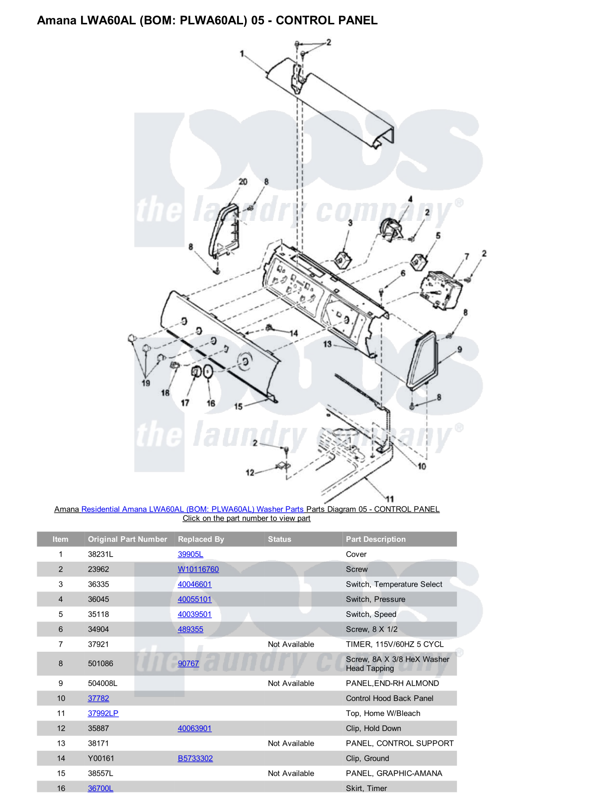 Amana LWA60AL Parts Diagram