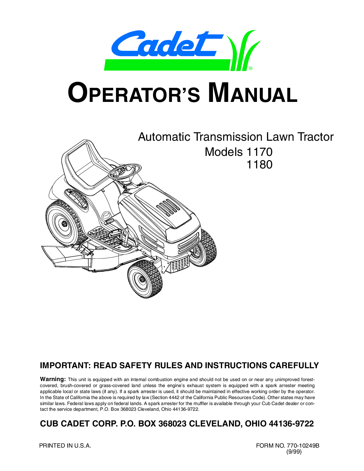 Cub Cadet 1170, QQ89 User Manual