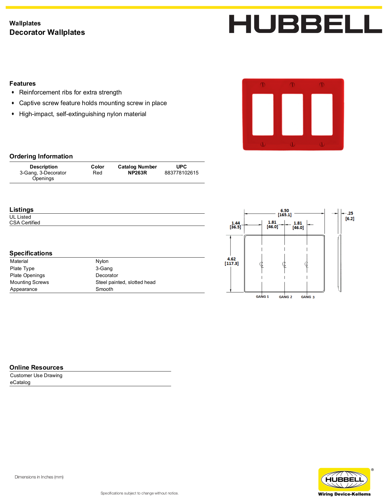 Hubbell NP263R Specifications