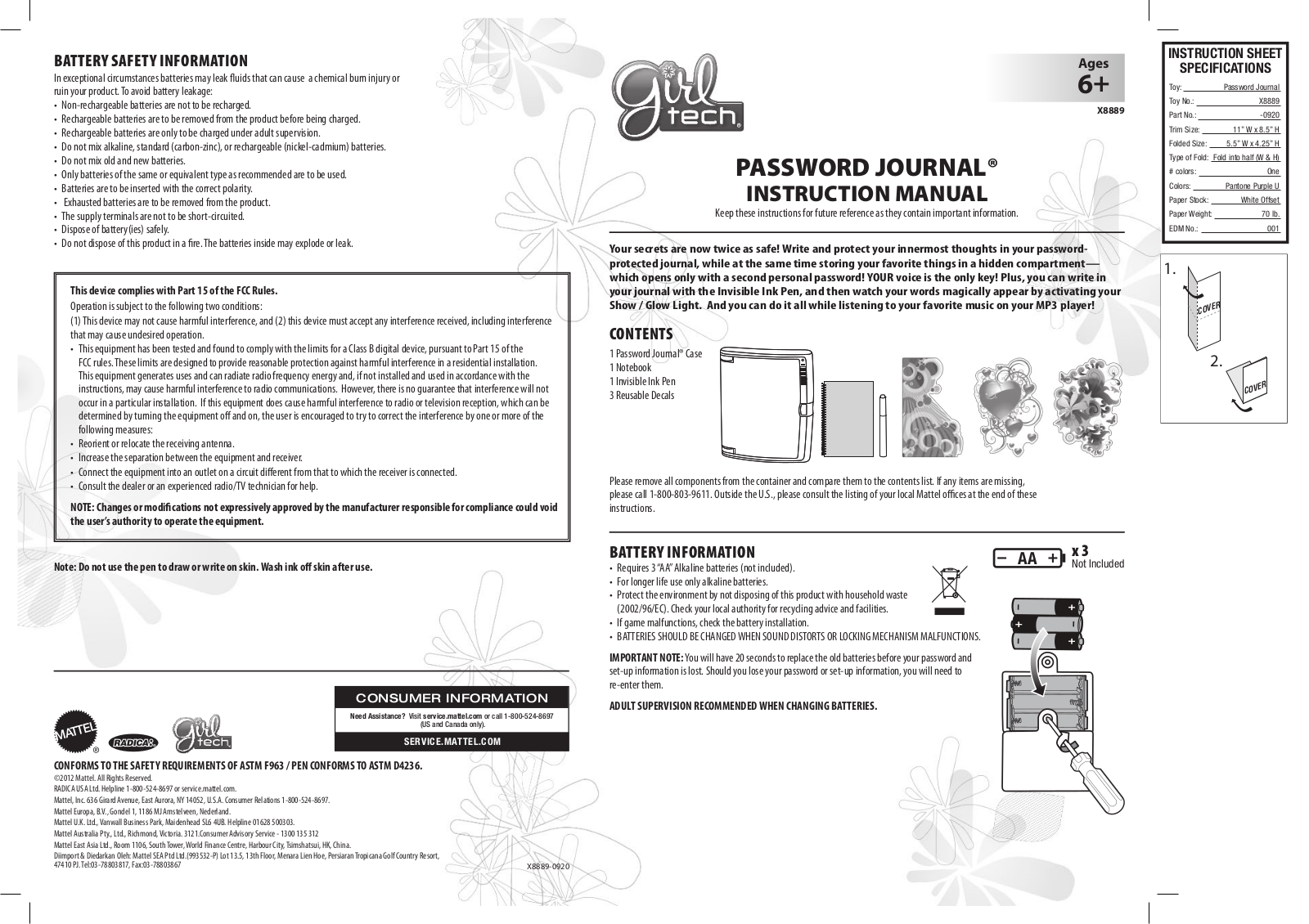 Fisher-Price X8889 Instruction Sheet