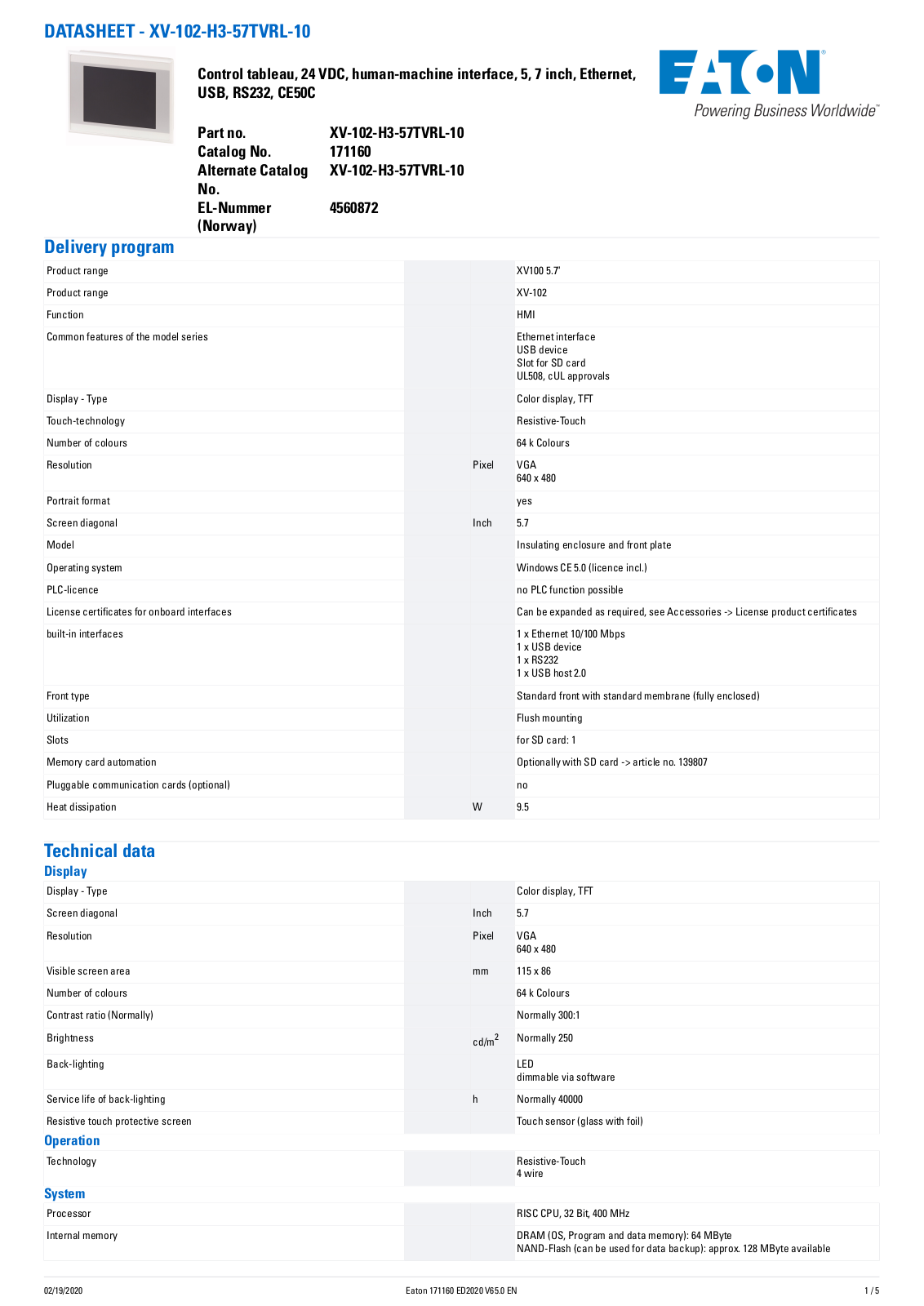 Cutler Hammer, Div of Eaton Corp XV-102-H3-57TVRL-10 Data Sheet