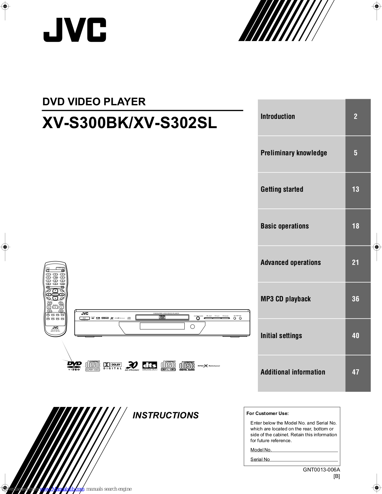 JVC XV-S300BKB, XV-S300BKJ, XV-S300BKEN, XV-S302SL, XV-S302SLB Instructions Manual